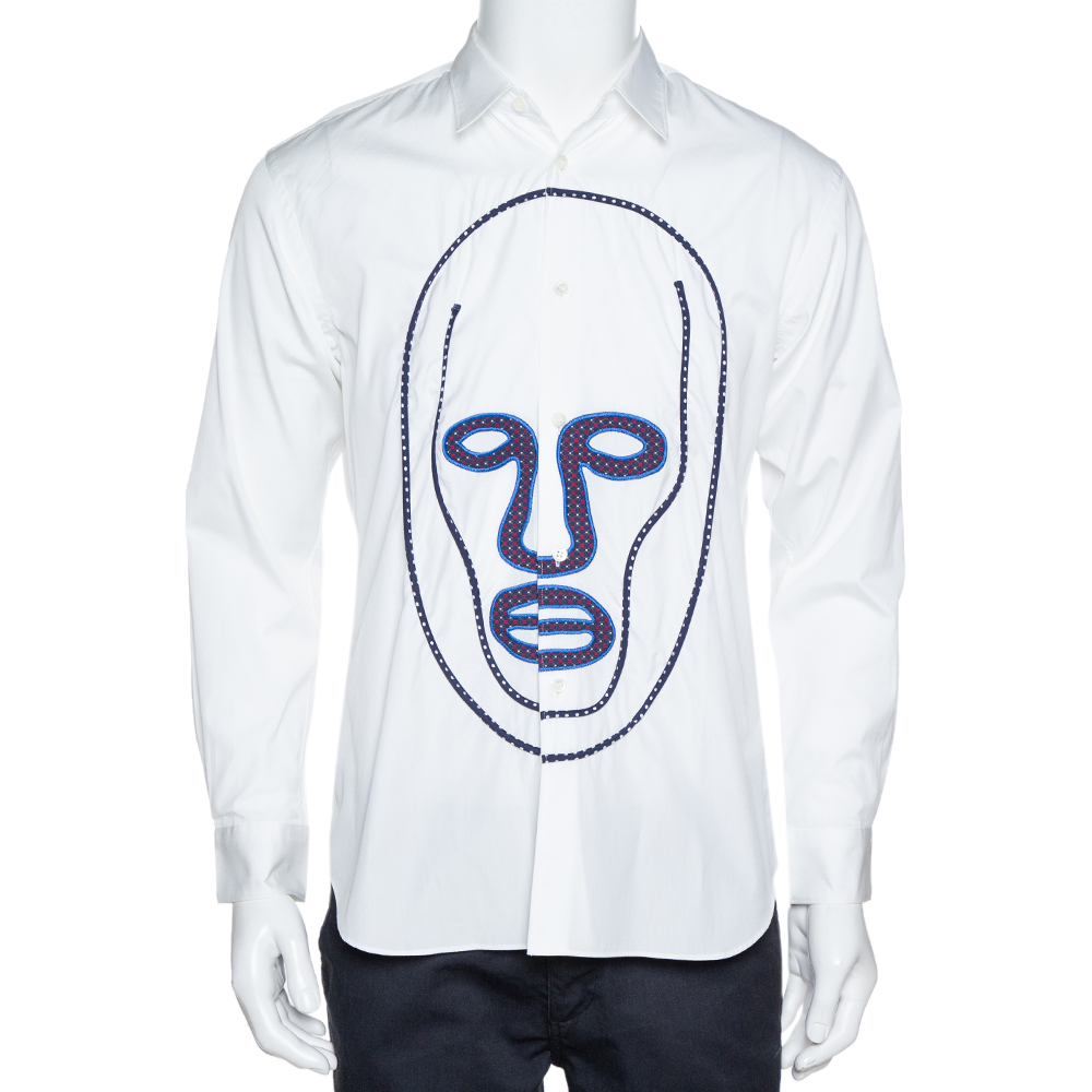 Image of Comme des Garcons White Cotton Face Motif Embroidered Shirt S