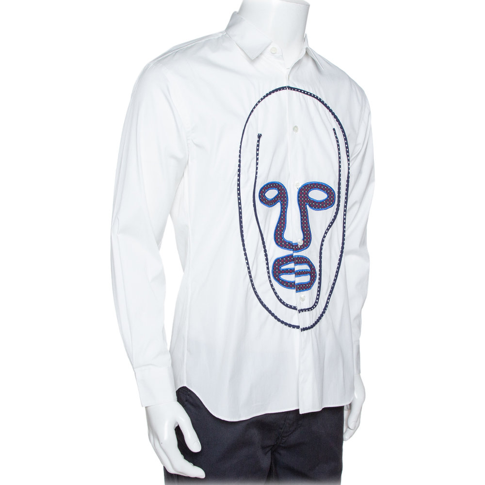 Comme des Garcons White Cotton Face Motif Embroidered Shirt S
