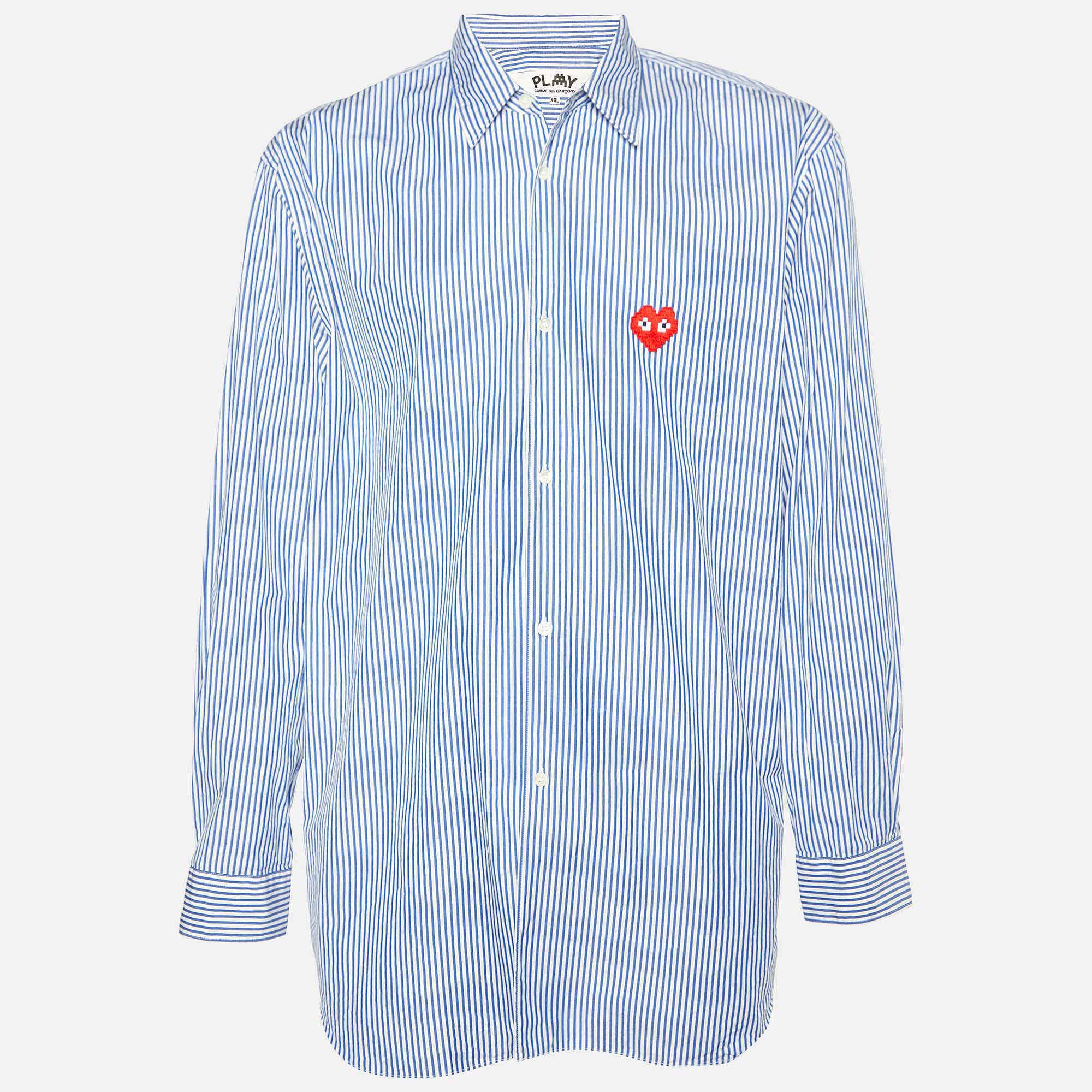 Comme des garcons play x the invader blue striped cotton long sleeve shirt xxl