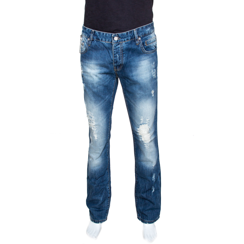 Image of D & G Indigo Medium Washed Denim Distressed Straight Fit Jeans XL