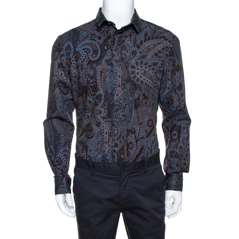 Image of D & G Multicolor Printed Cotton Pleated Placket Slim Fit Shirt XXL