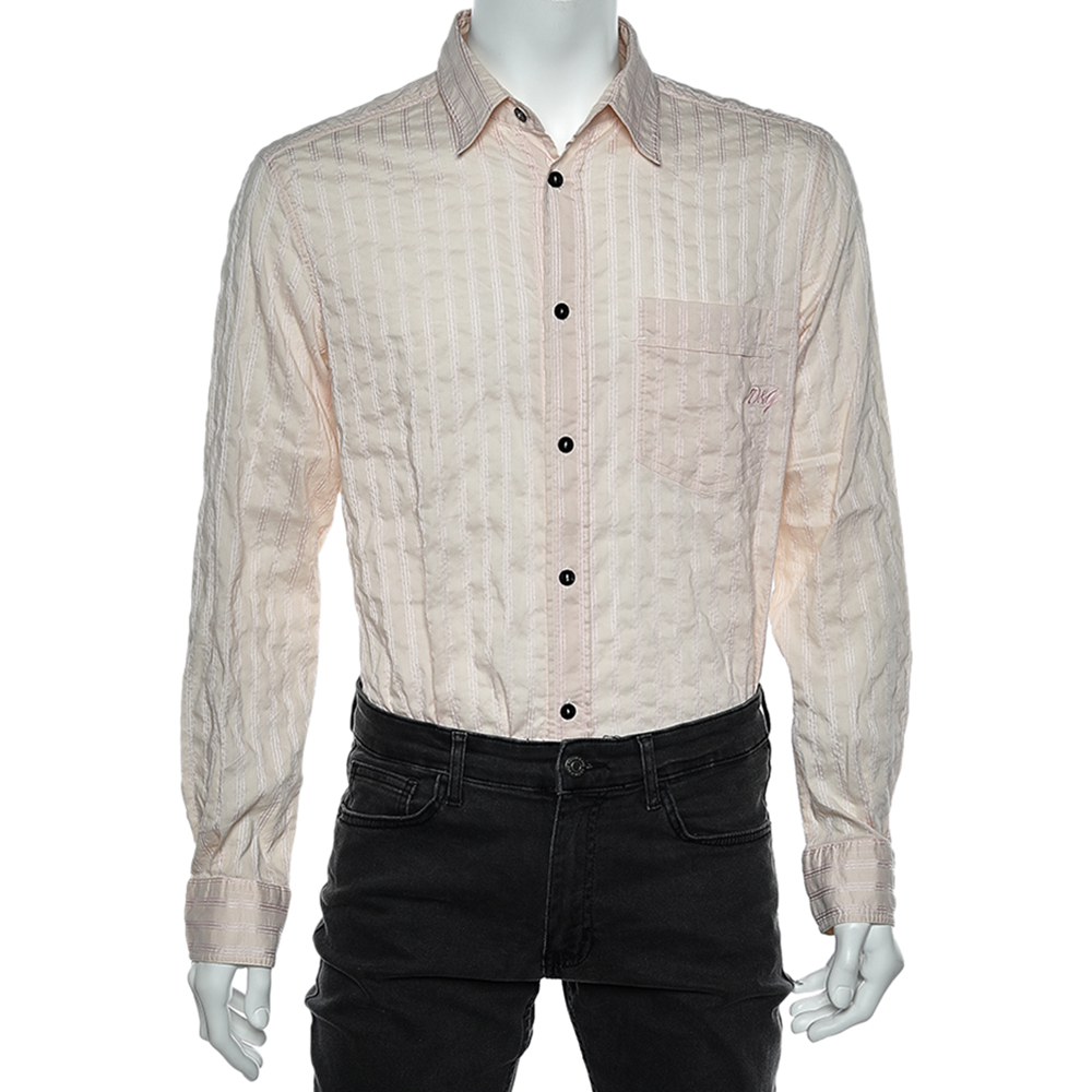 D&G Pink Textured Striped Cotton Button Front Shirt XL