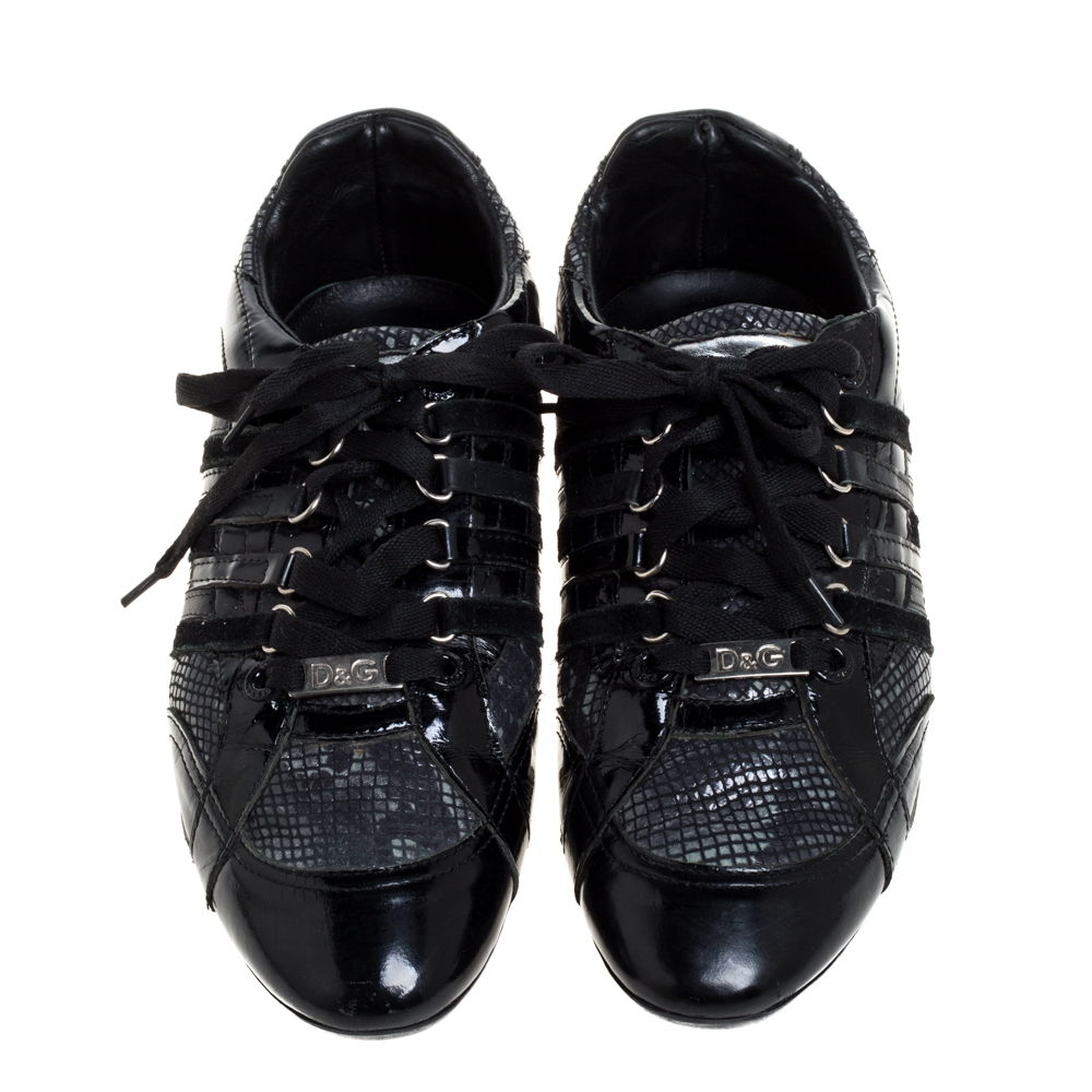 D&G Black Snakeskin Effect And Patent Leather Lace  Low Top Sneakers Size 42