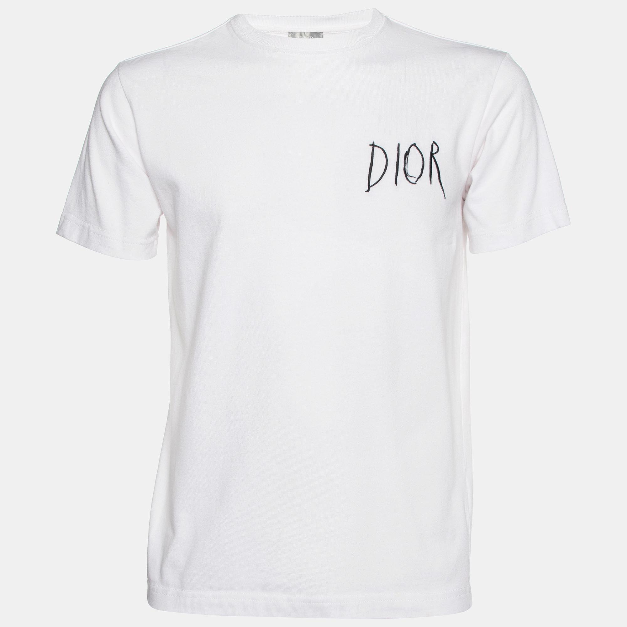 Dior homme white logo embroidered cotton crew neck t-shirt xxs