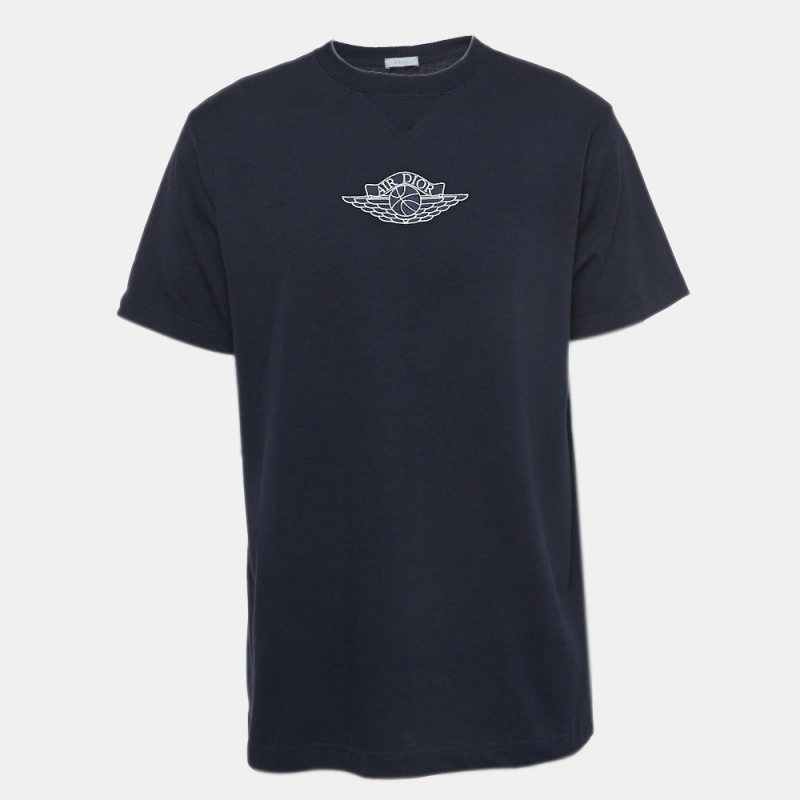 Dior Homme X Air Jordan Navy Blue Embroidered Cotton Half Sleeve T-Shirt M