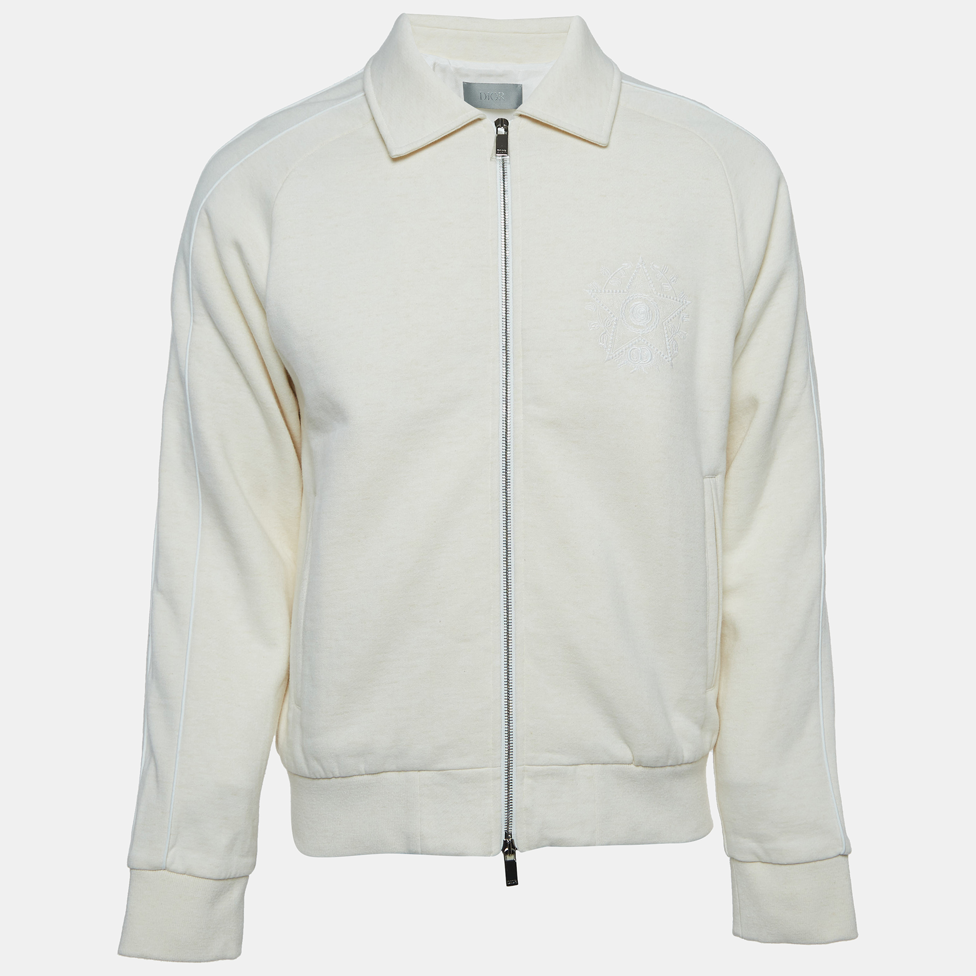 Dior Homme Cream Embroidered Cotton Blend Zip Front Jacket L