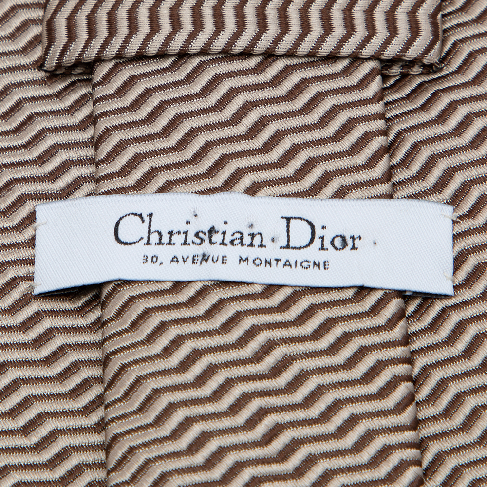 Dior Beige & Brown Chevron Jacquard Silk Tie