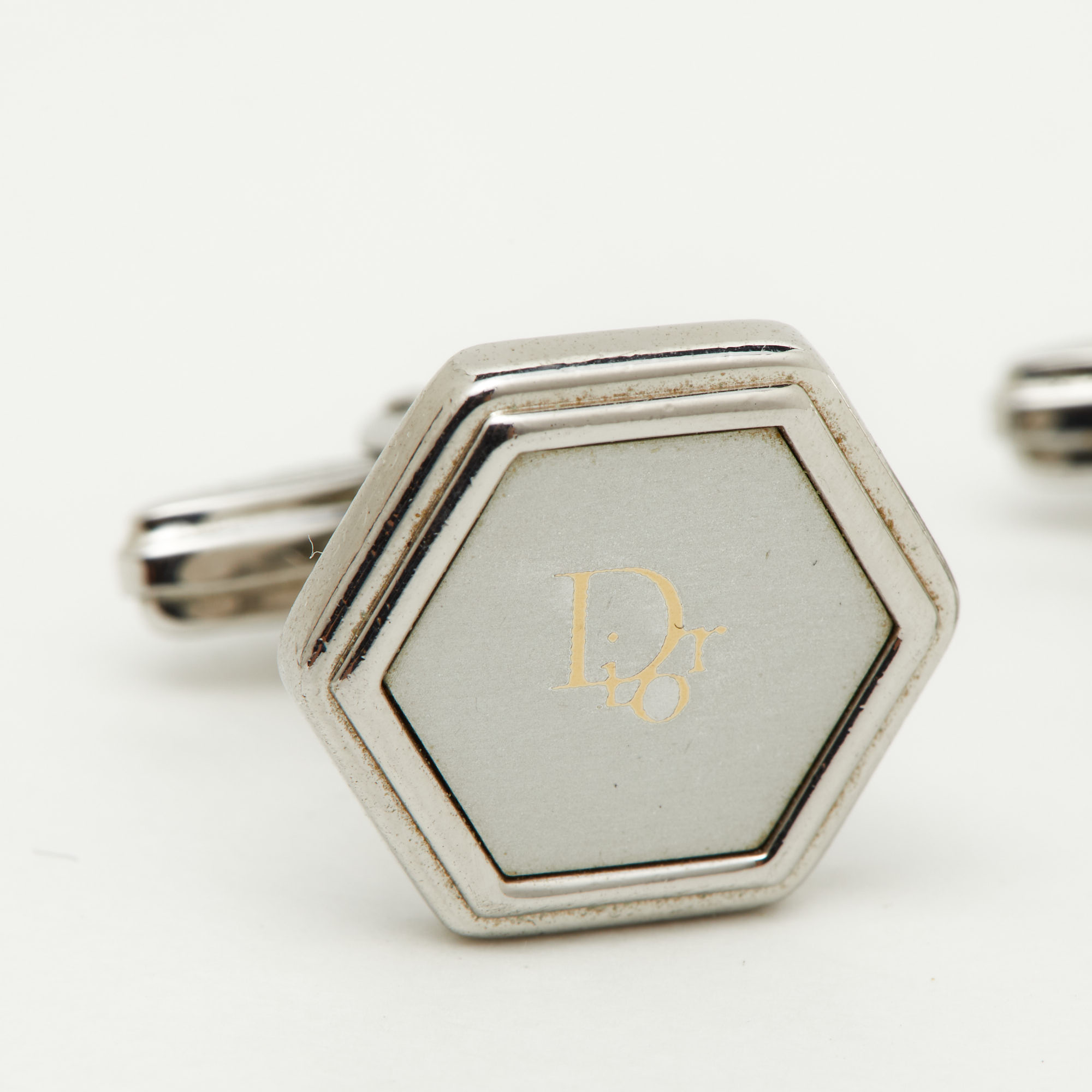 Dior Vintage Logo Silver Tone Hexagonal Cufflinks