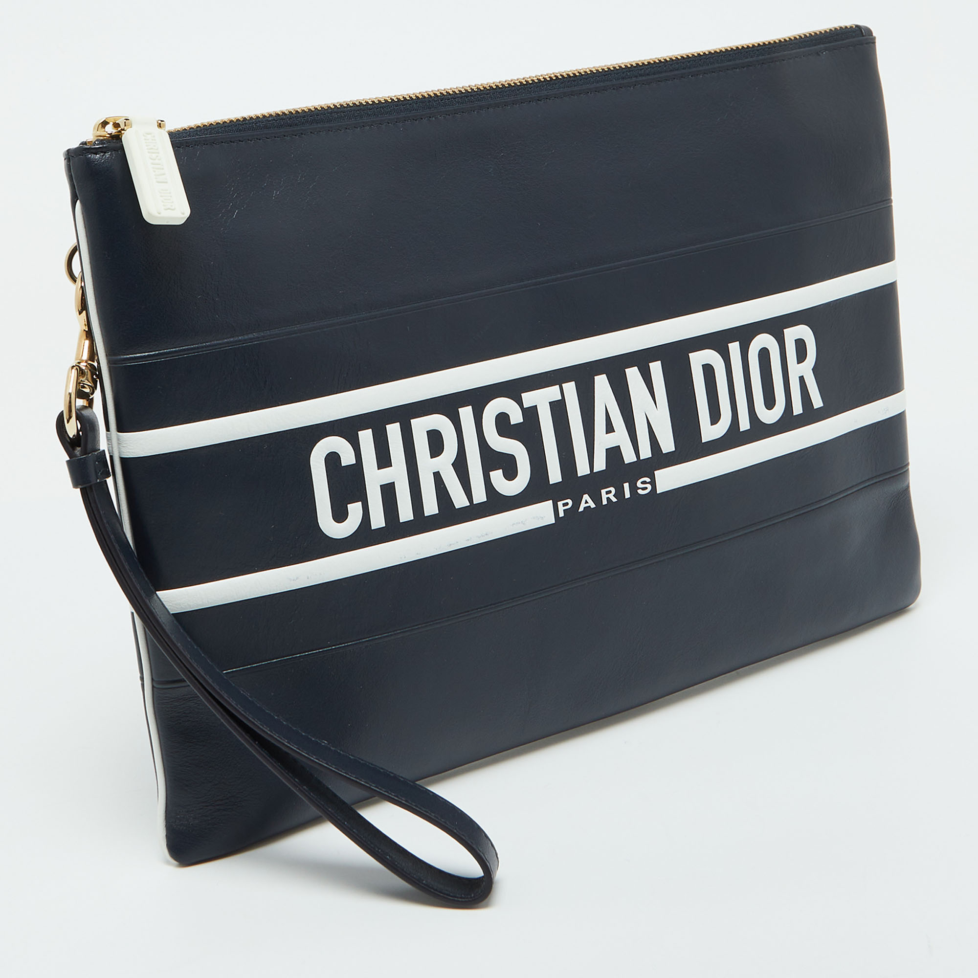 Dior Navy Blue/White Leather Logo Vibe Zip Clutch