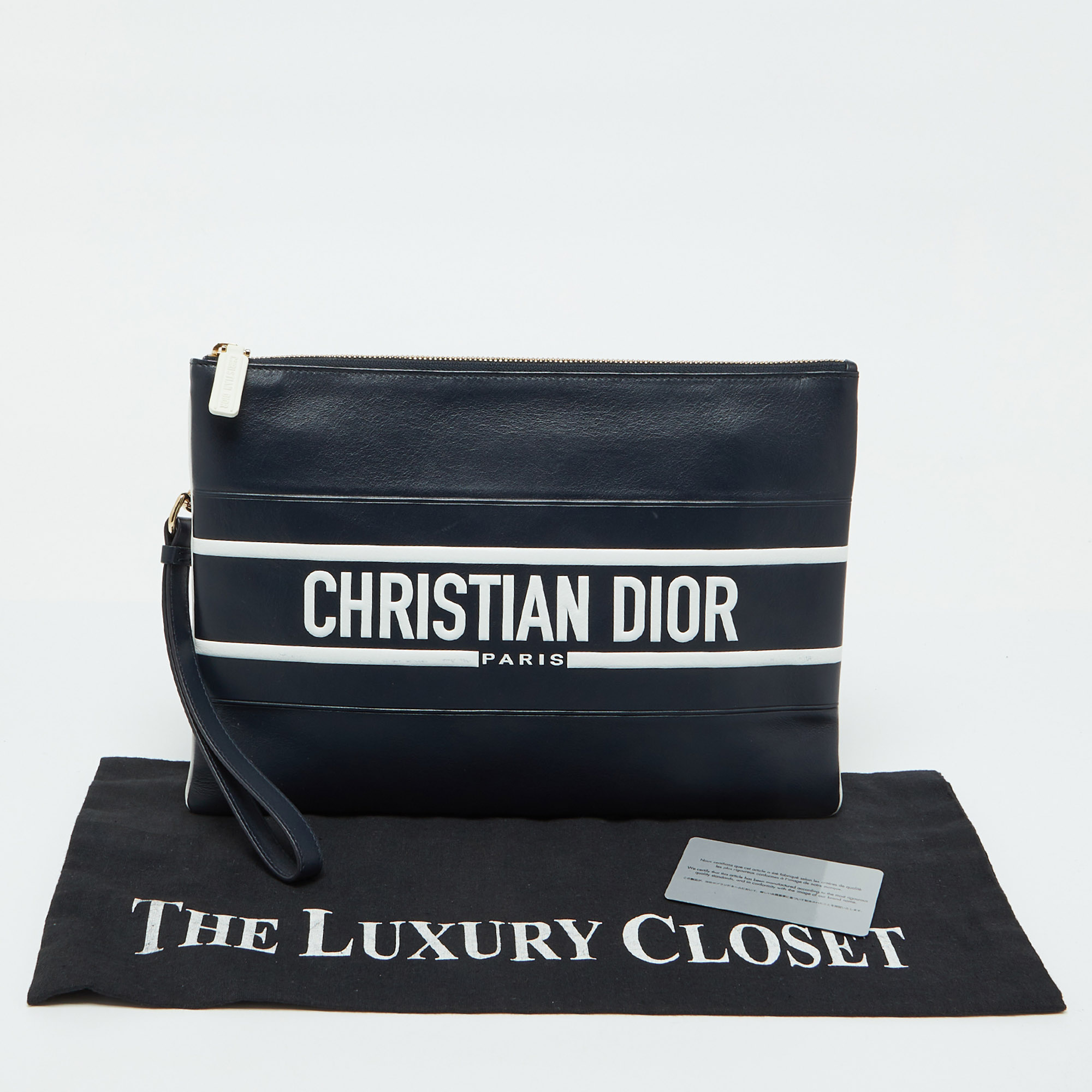 Dior Navy Blue/White Leather Logo Vibe Zip Clutch