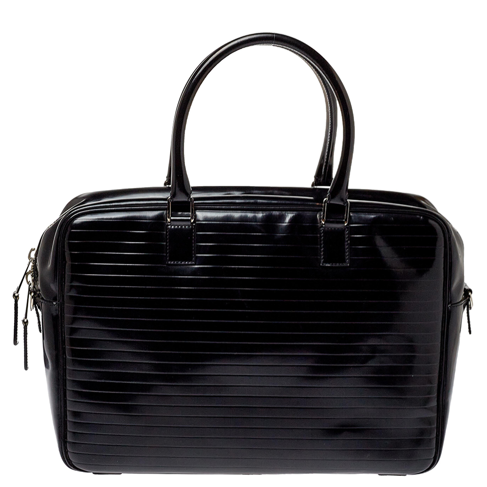 Dior Homme Black Stripped Glossy Leather Document Briefcase male Leather/Fabric