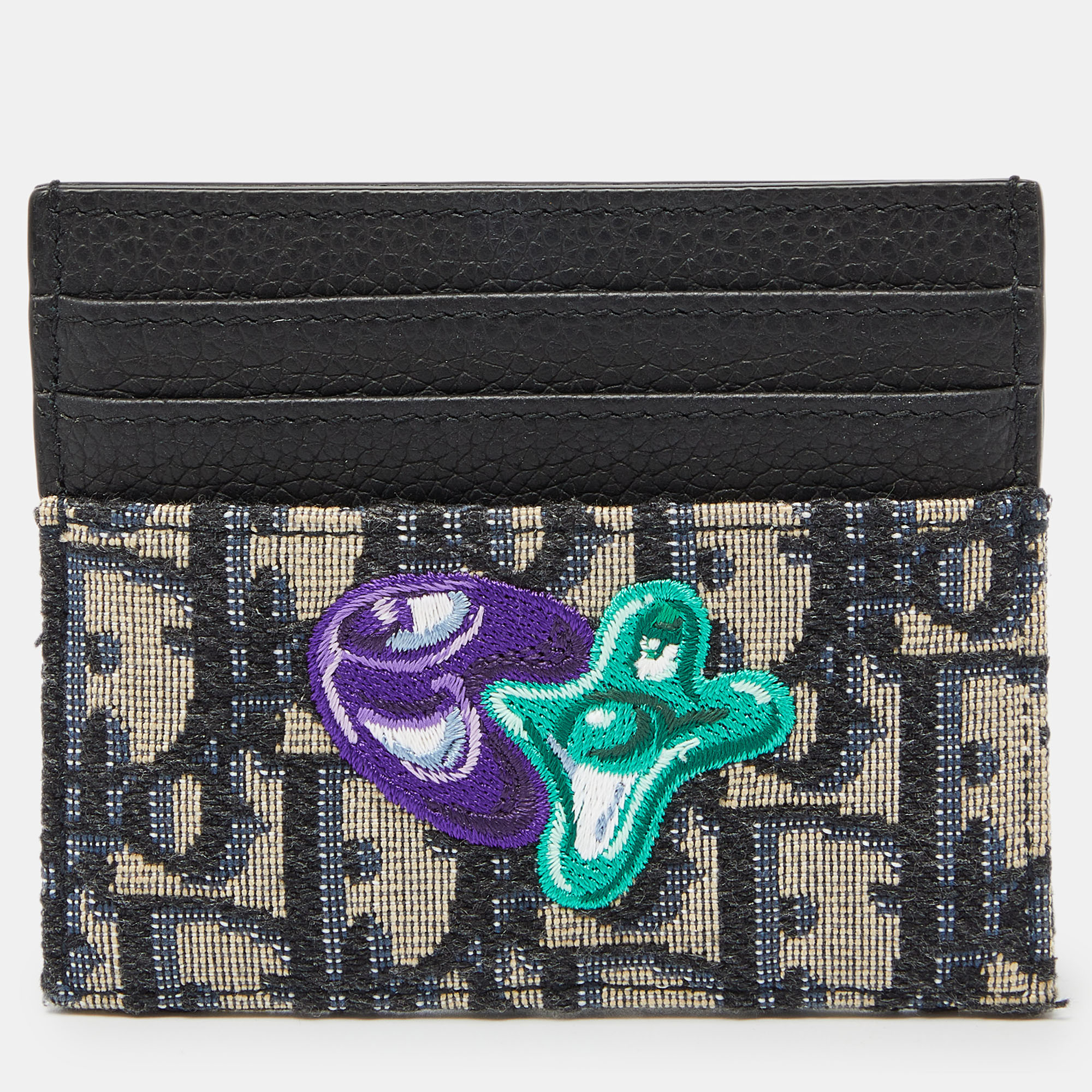 Dior x kenny scharf blue/black oblique canvas and leather embroidered card holder