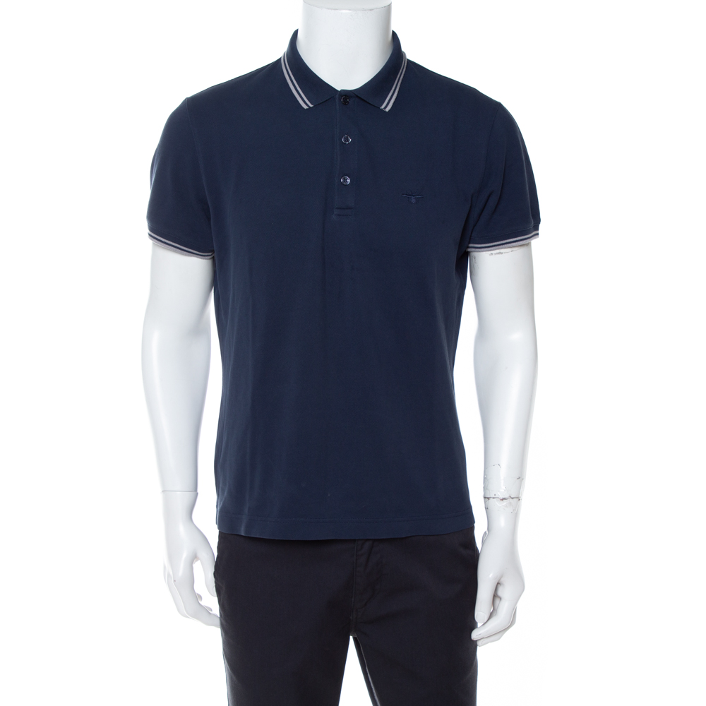 Dior Navy blue Bee Embroidered Cotton Pique Polo T-Shirt L