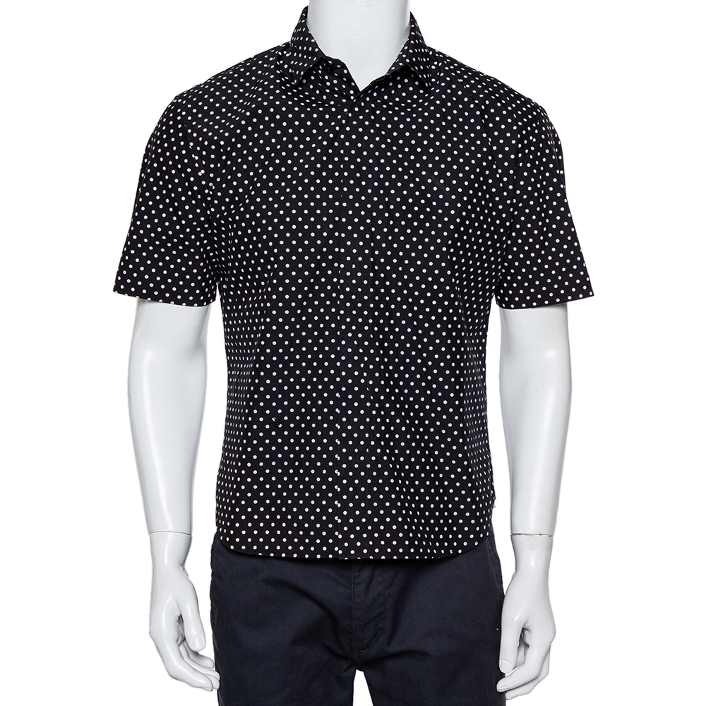 Dior Homme Black Polka Dot Crinkled Cotton Short Sleeve Shirt M