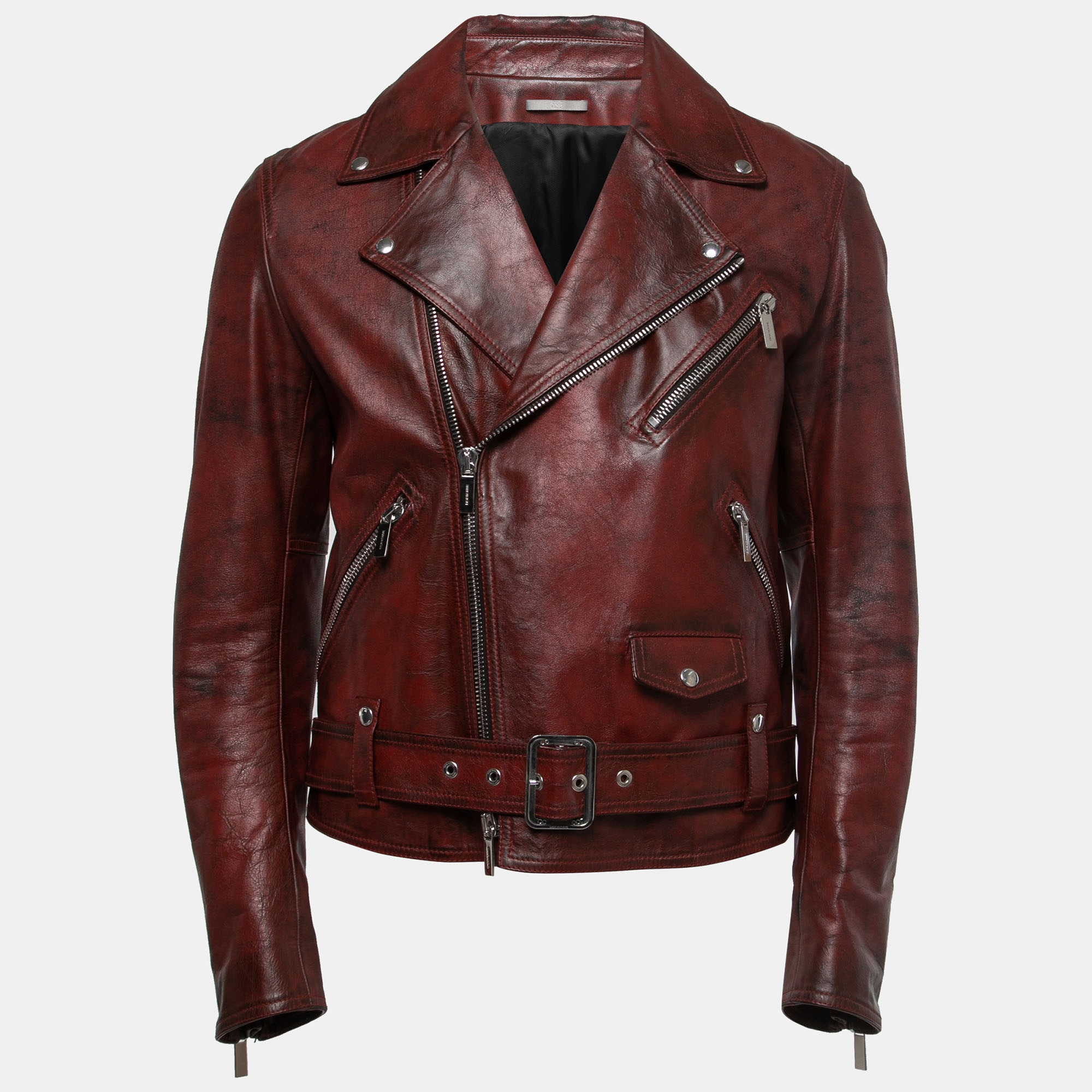 Dior red distressed leather moto jacket m