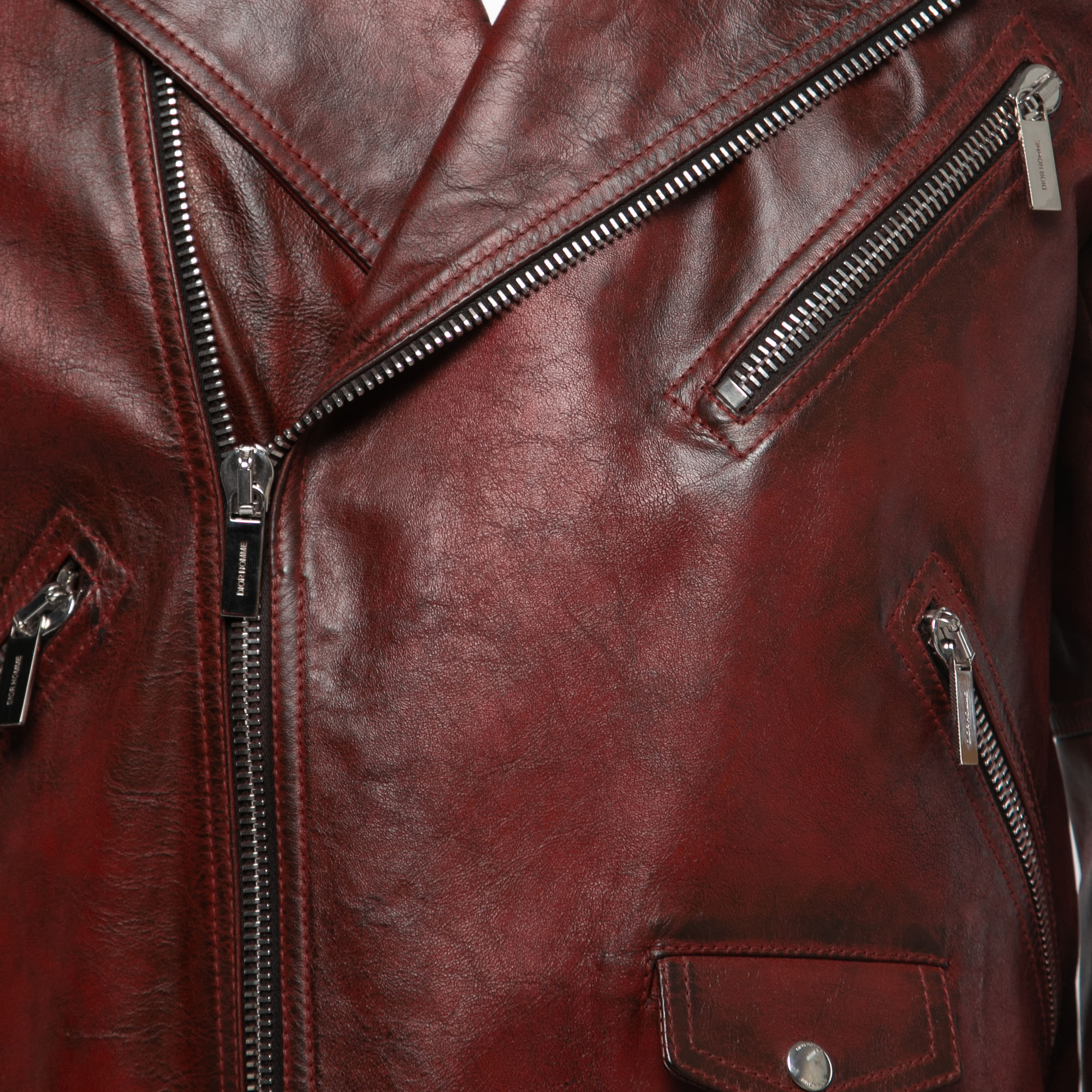 Dior Red Distressed Leather Moto Jacket M