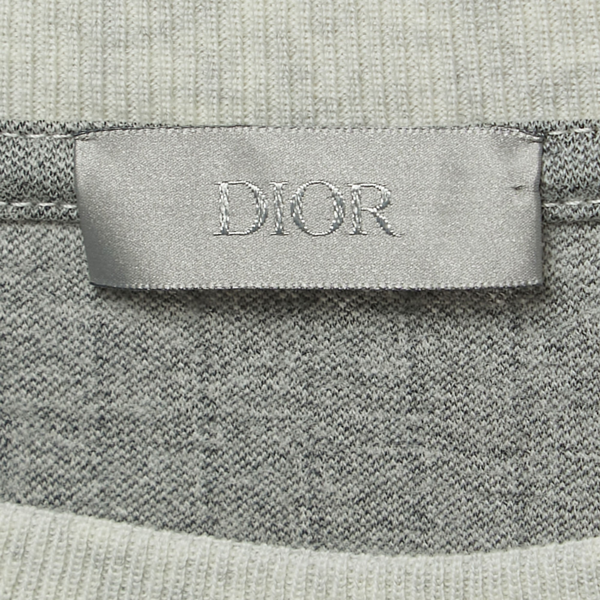 Dior Grey Striped Embroidered Wool Crew Neck T-Shirt M