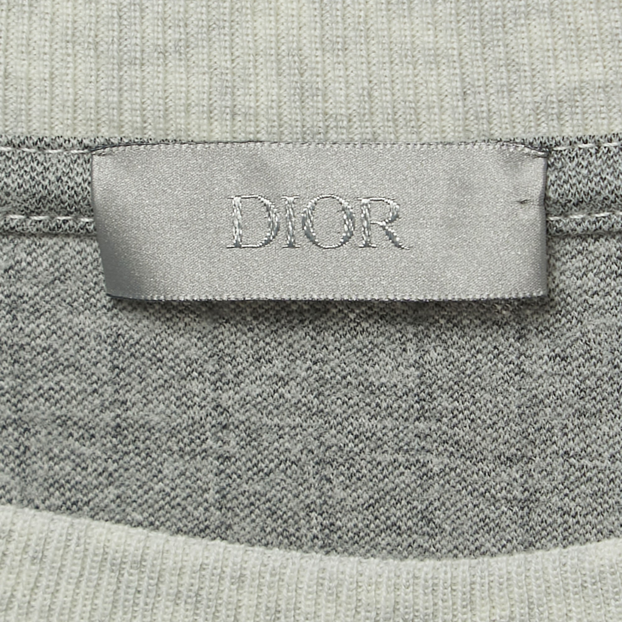Dior Grey Striped Embroidered Wool Crew Neck T-Shirt L