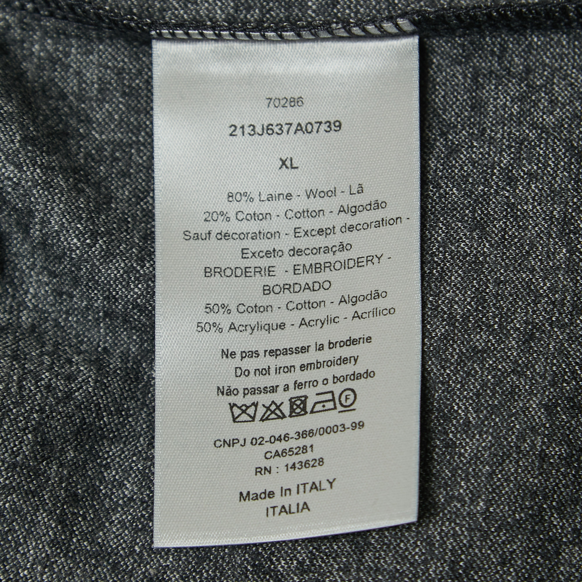 Dior Dark Grey Striped Embroidered Wool Crew Neck T-Shirt XL
