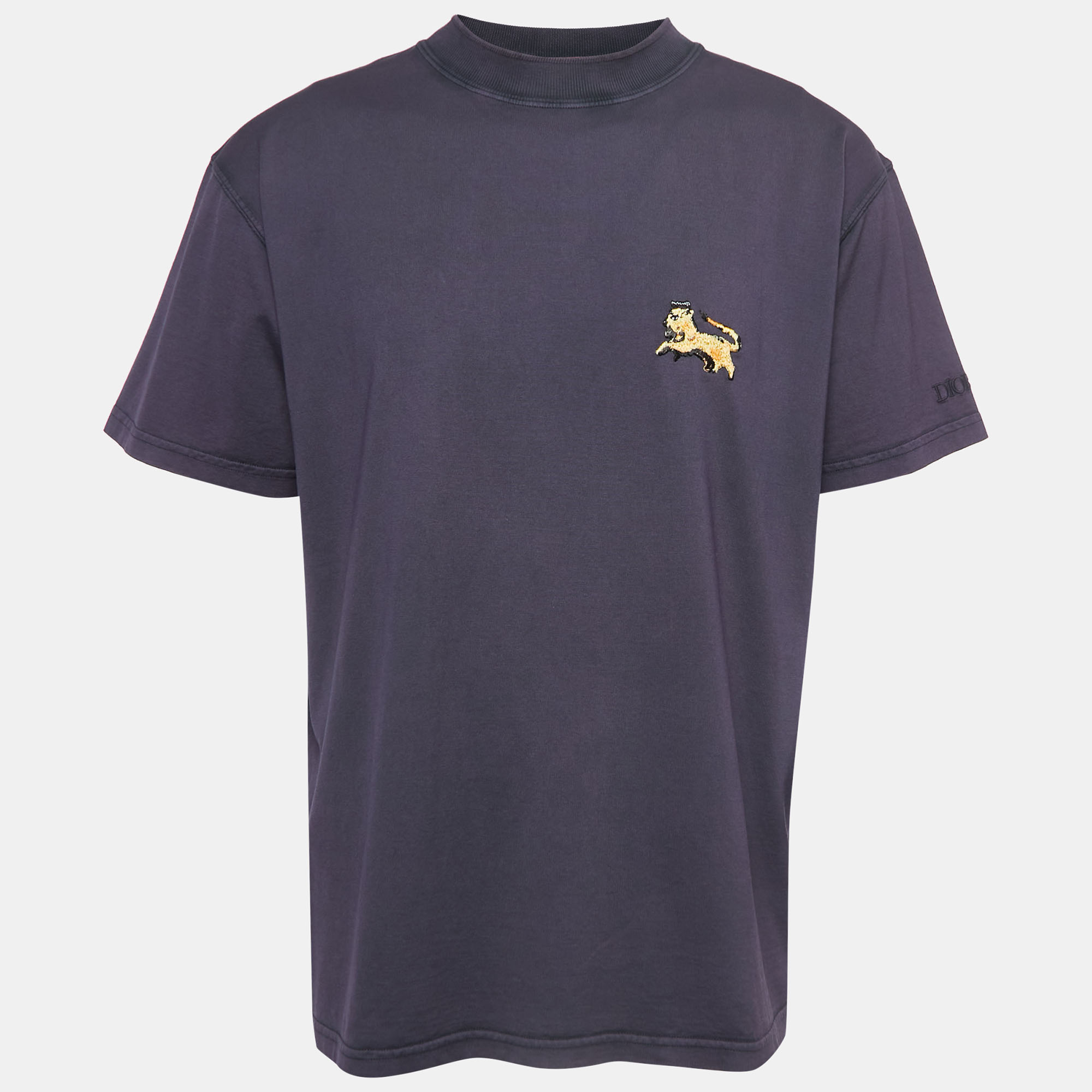 Dior purple cotton embroidered crewneck t-shirt l