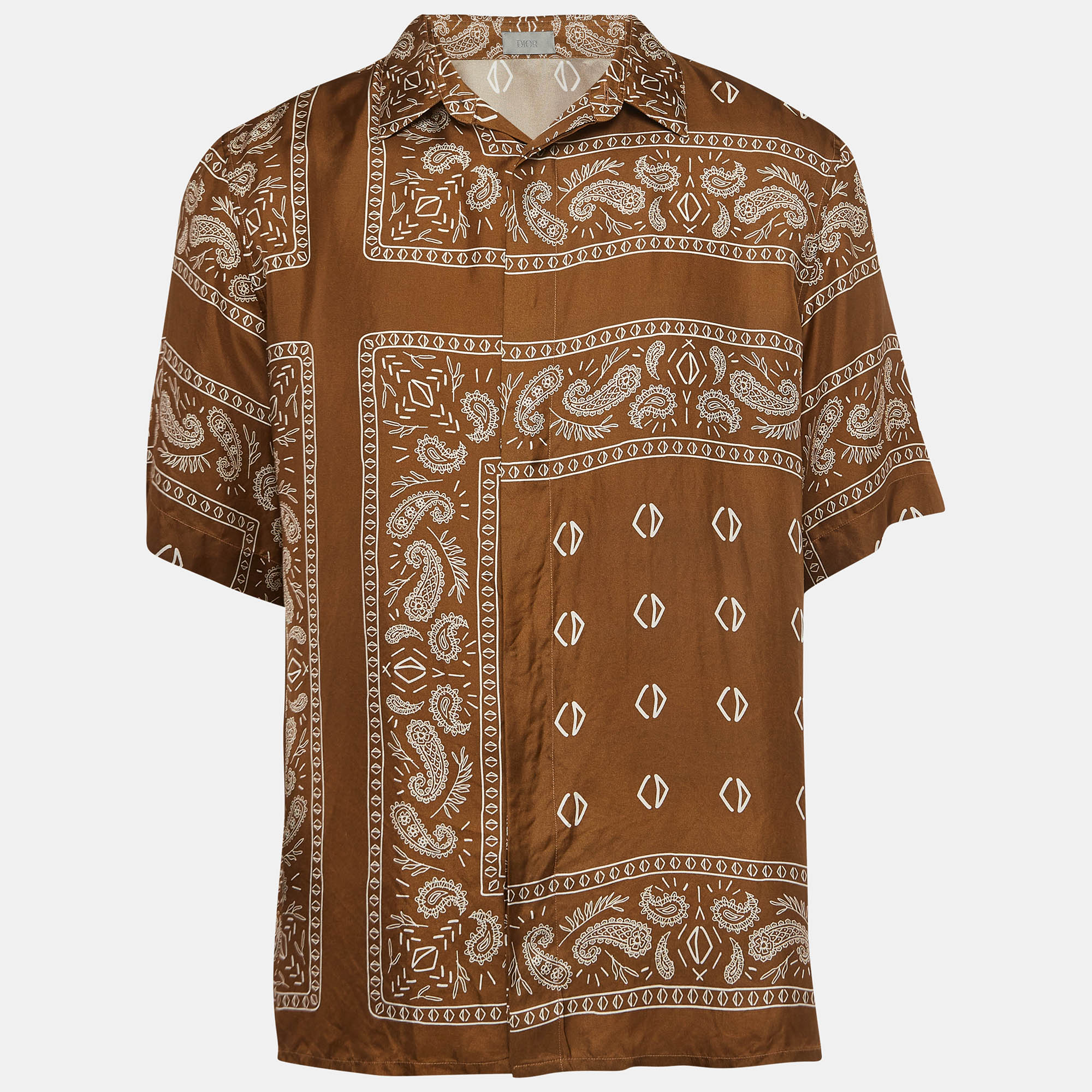 Dior homme brown bandana motif print silk buttoned half sleeve shirt m