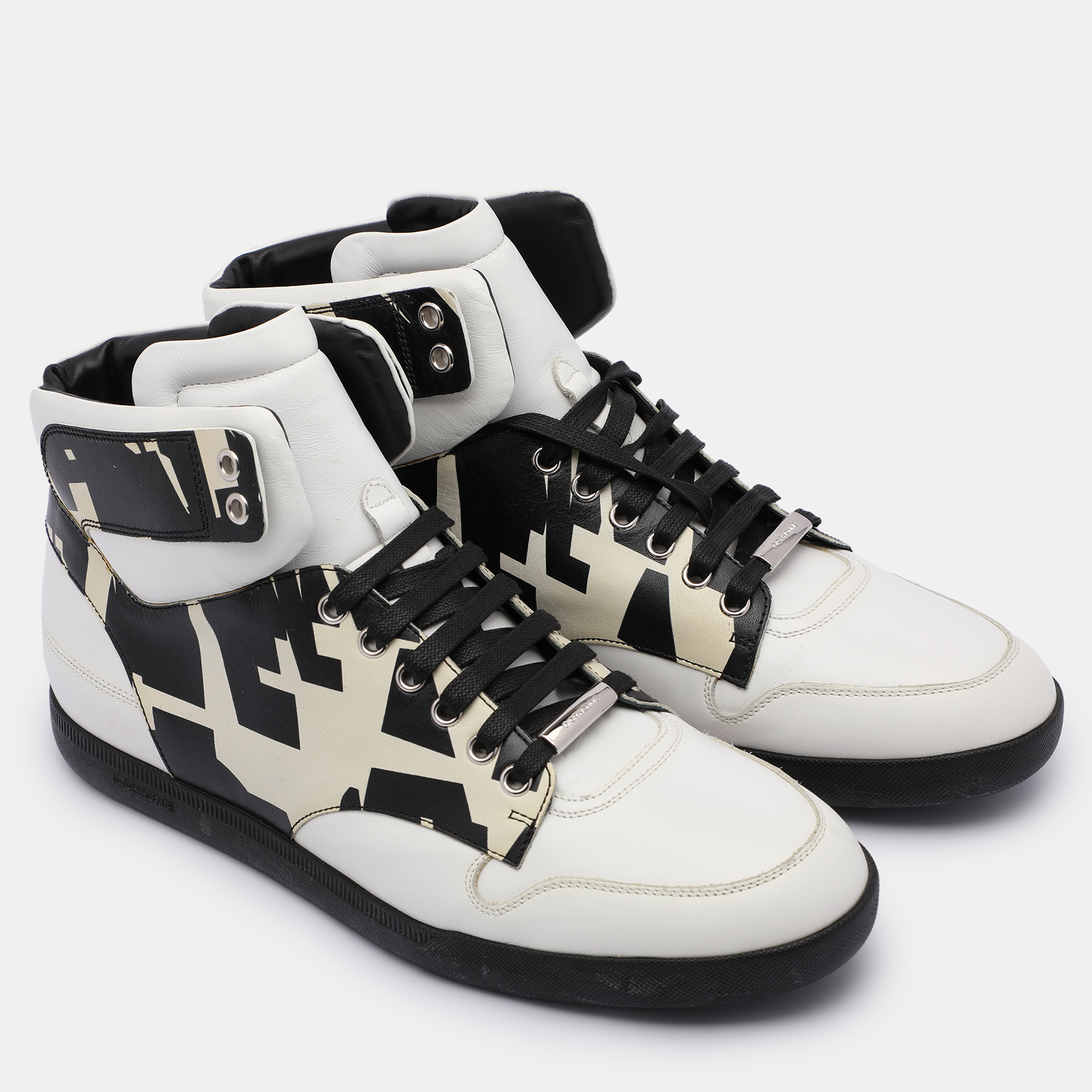 Dior White/Black Printed Leather High Top Sneakers Size 41.5