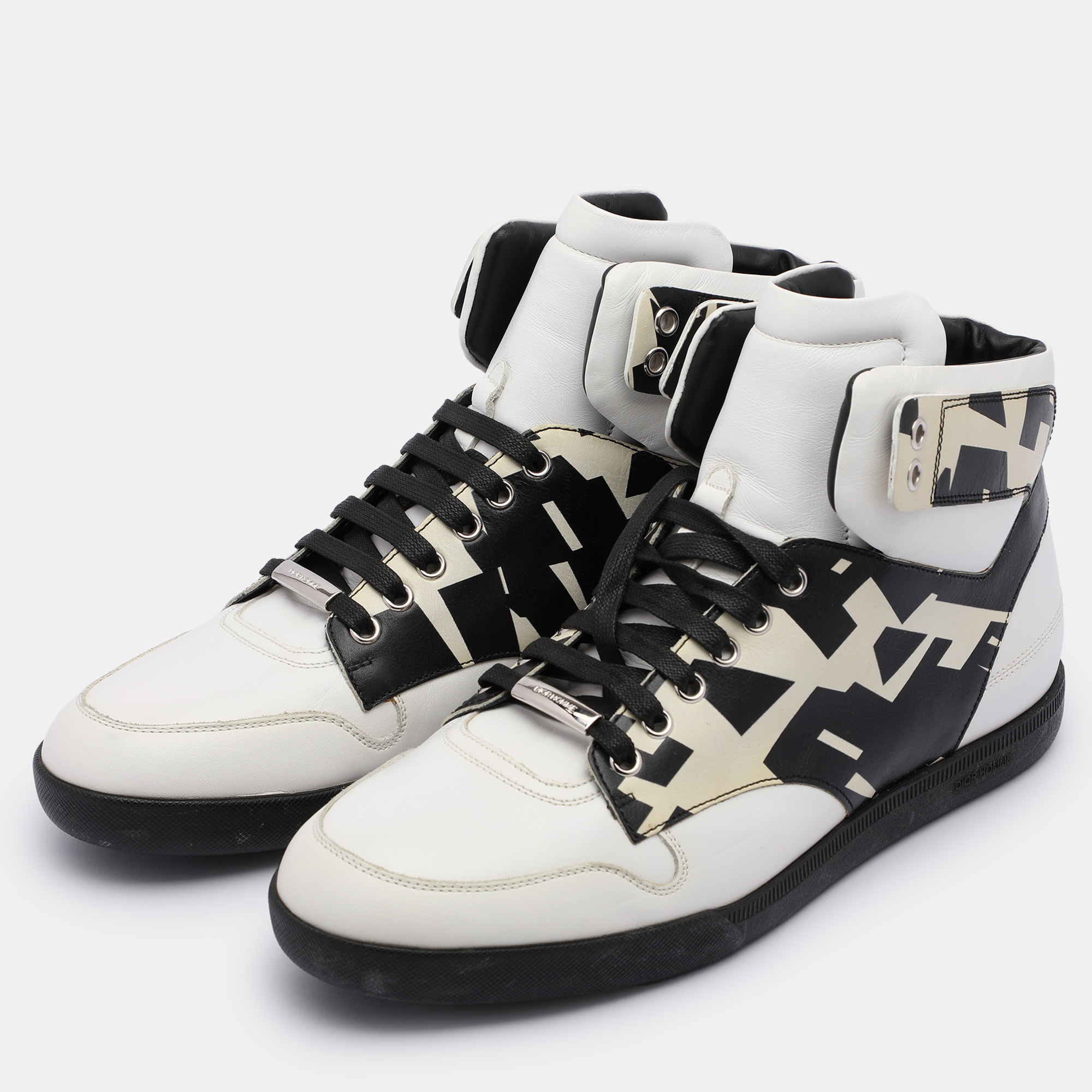 Dior White/Black Printed Leather High Top Sneakers Size 41.5