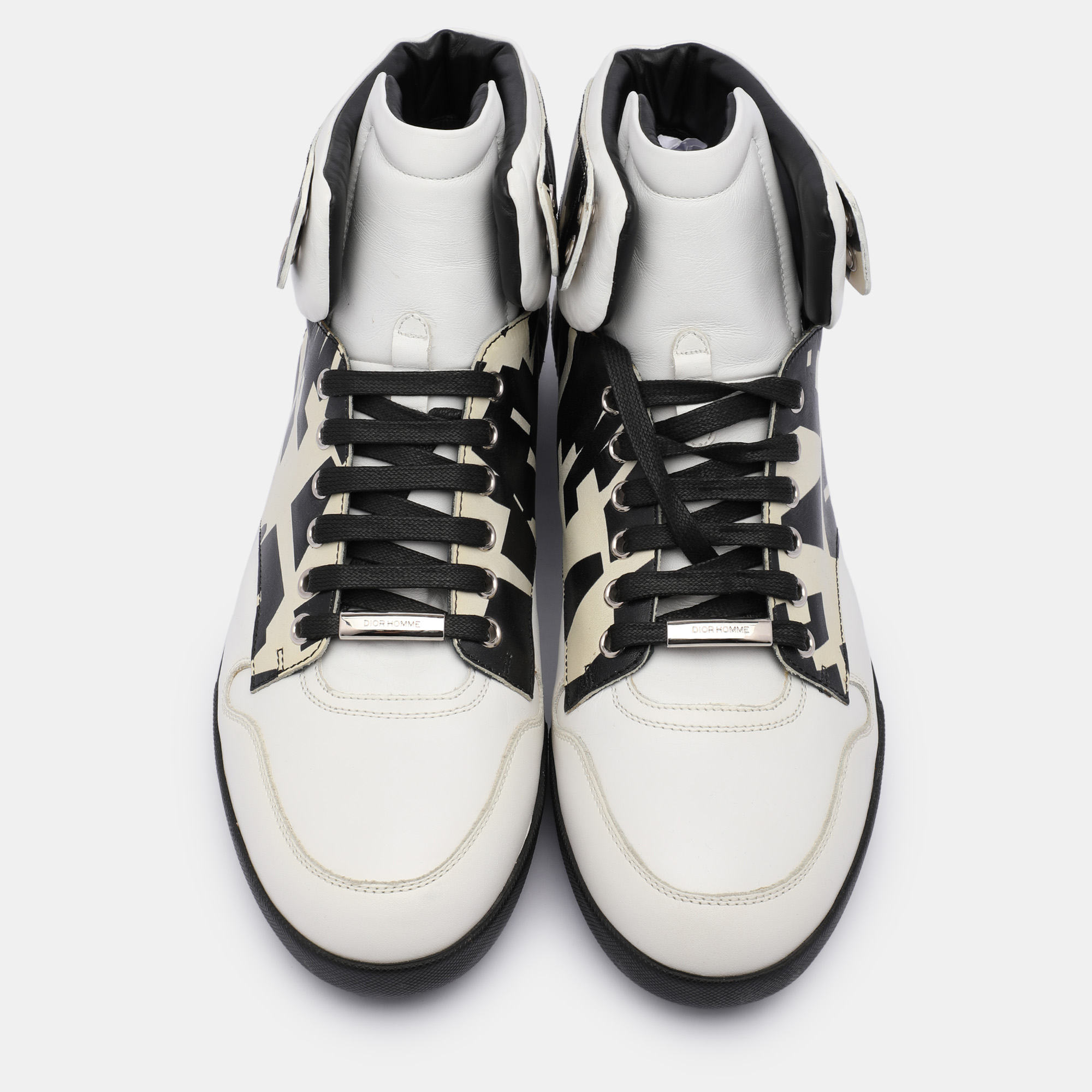 Dior White/Black Printed Leather High Top Sneakers Size 41.5