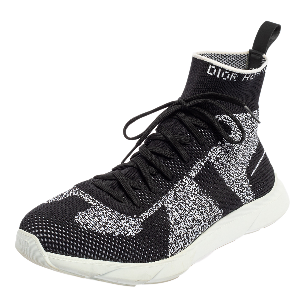 Dior Black/White Perforated Knit Fabric B21 Sock High Top Sneakers Size 42