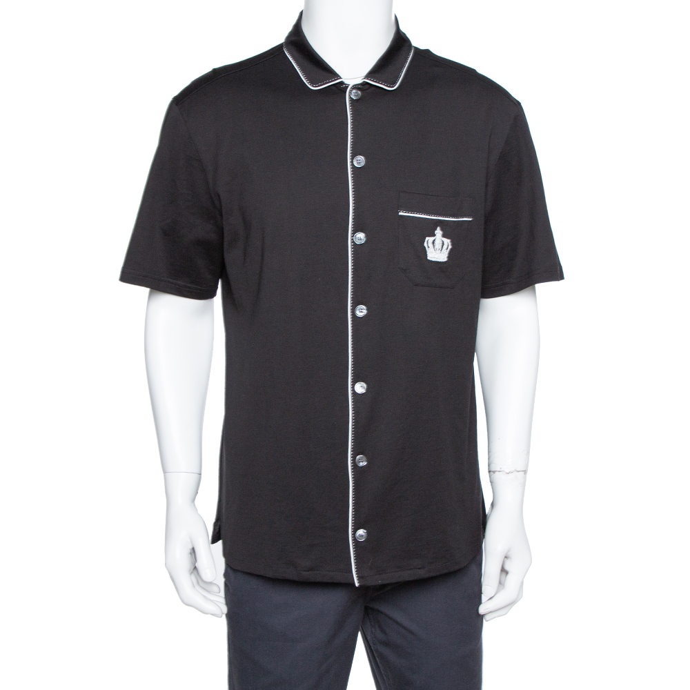 Image of Dolce & Gabbana Black Cotton Jersey Crown Embroidered Shirt L