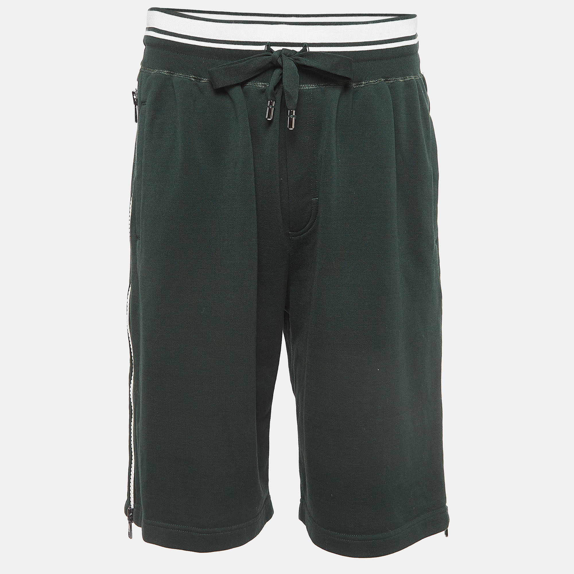 Dolce & gabbana dark green cotton blend knit drawstring shorts m