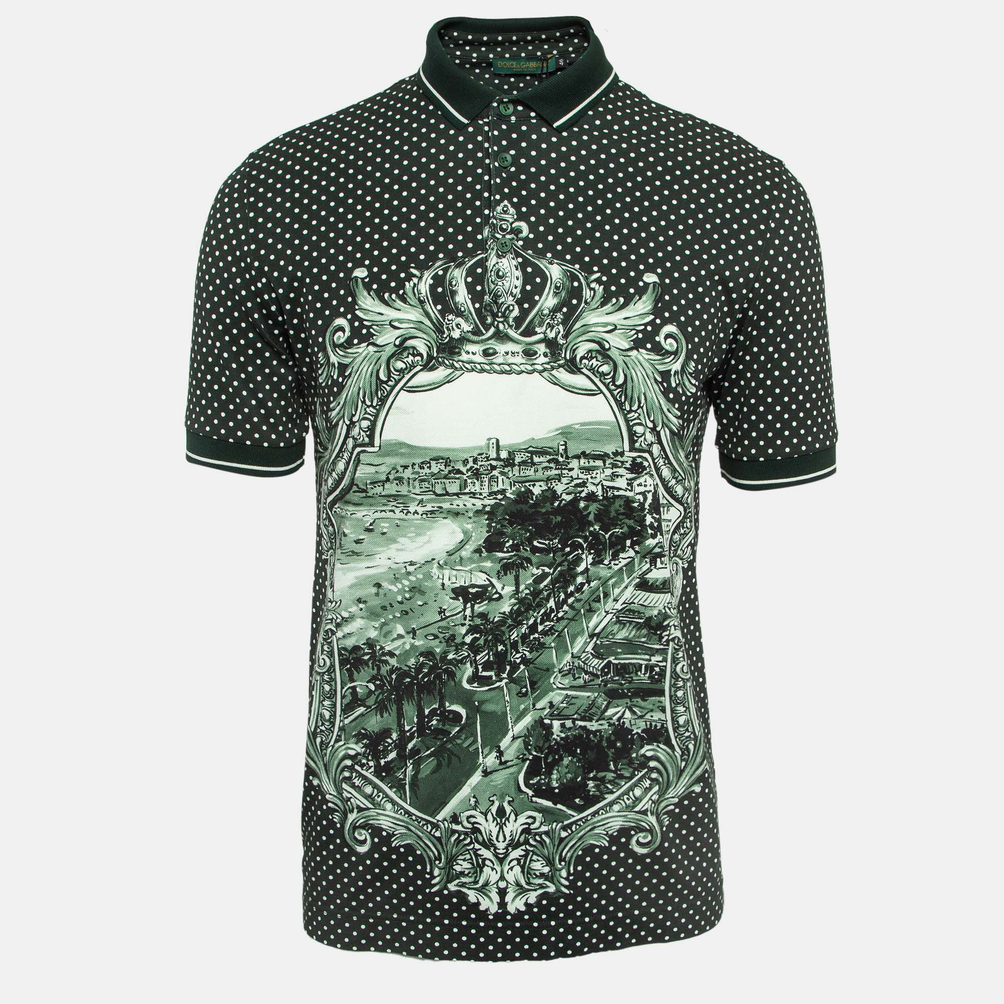 Dolce & gabbana green printed cotton pique polka dots polo t-shirt s