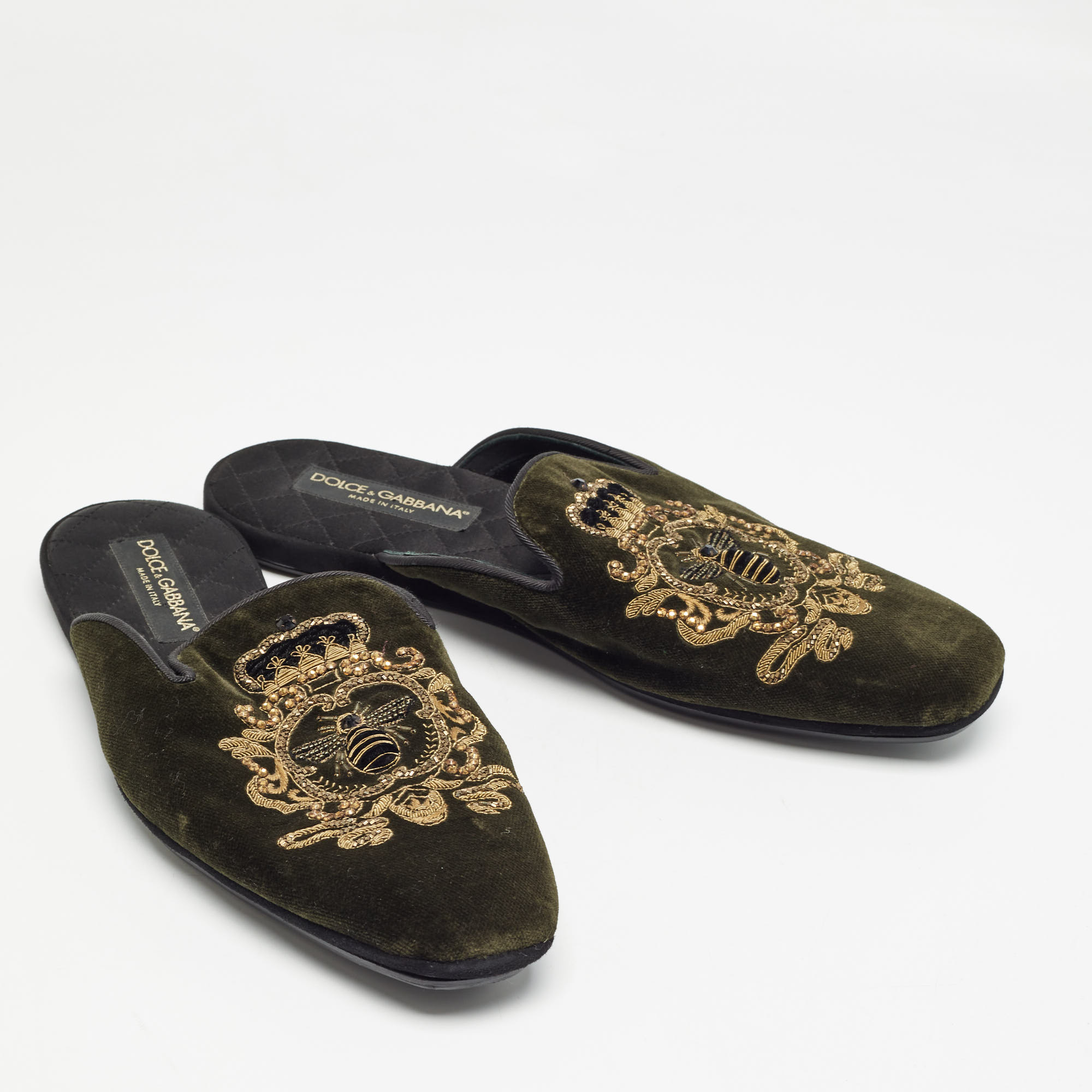 Dolce & Gabbana Green Velvet Embroidered Flat Mules Size 42