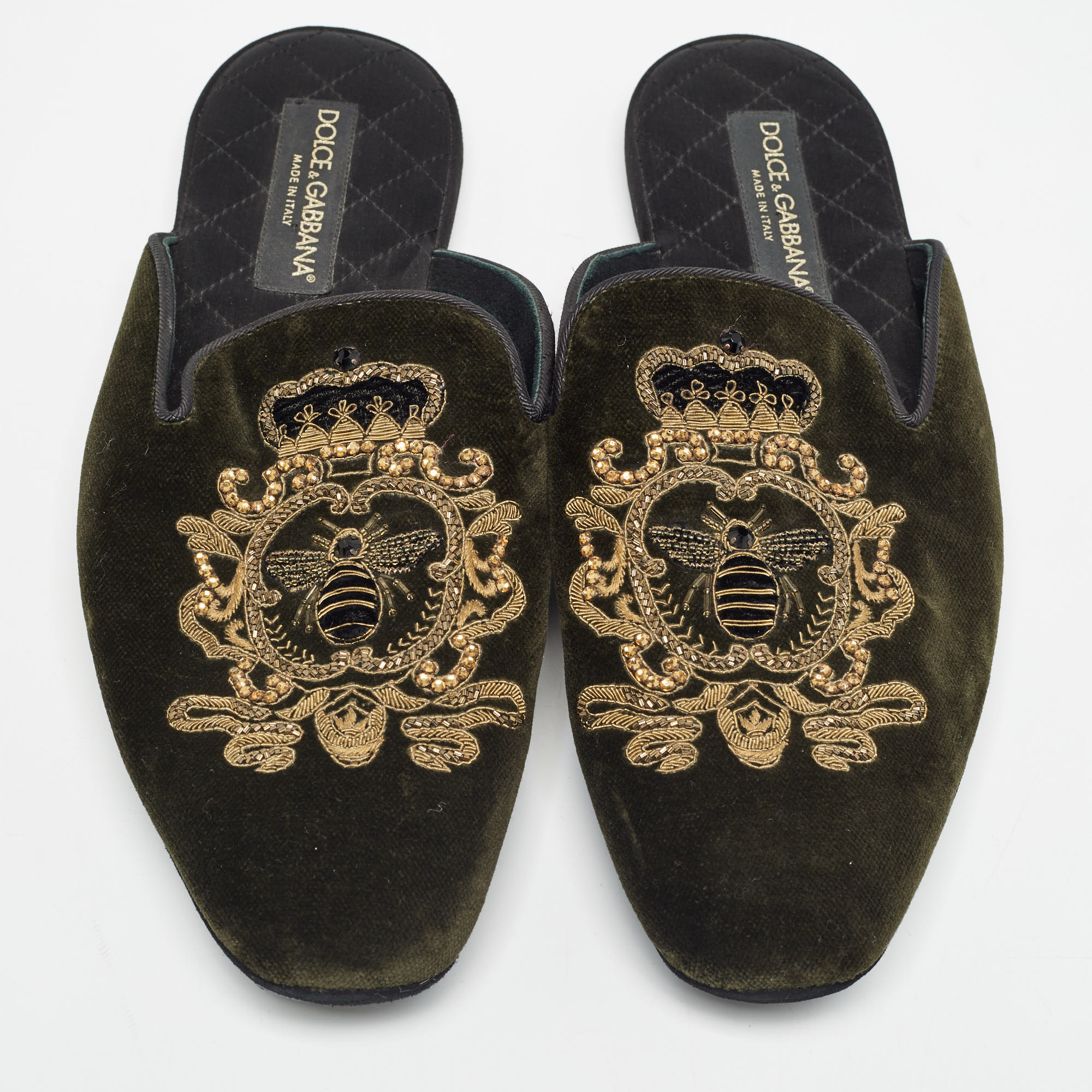 Dolce & Gabbana Green Velvet Embroidered Flat Mules Size 42