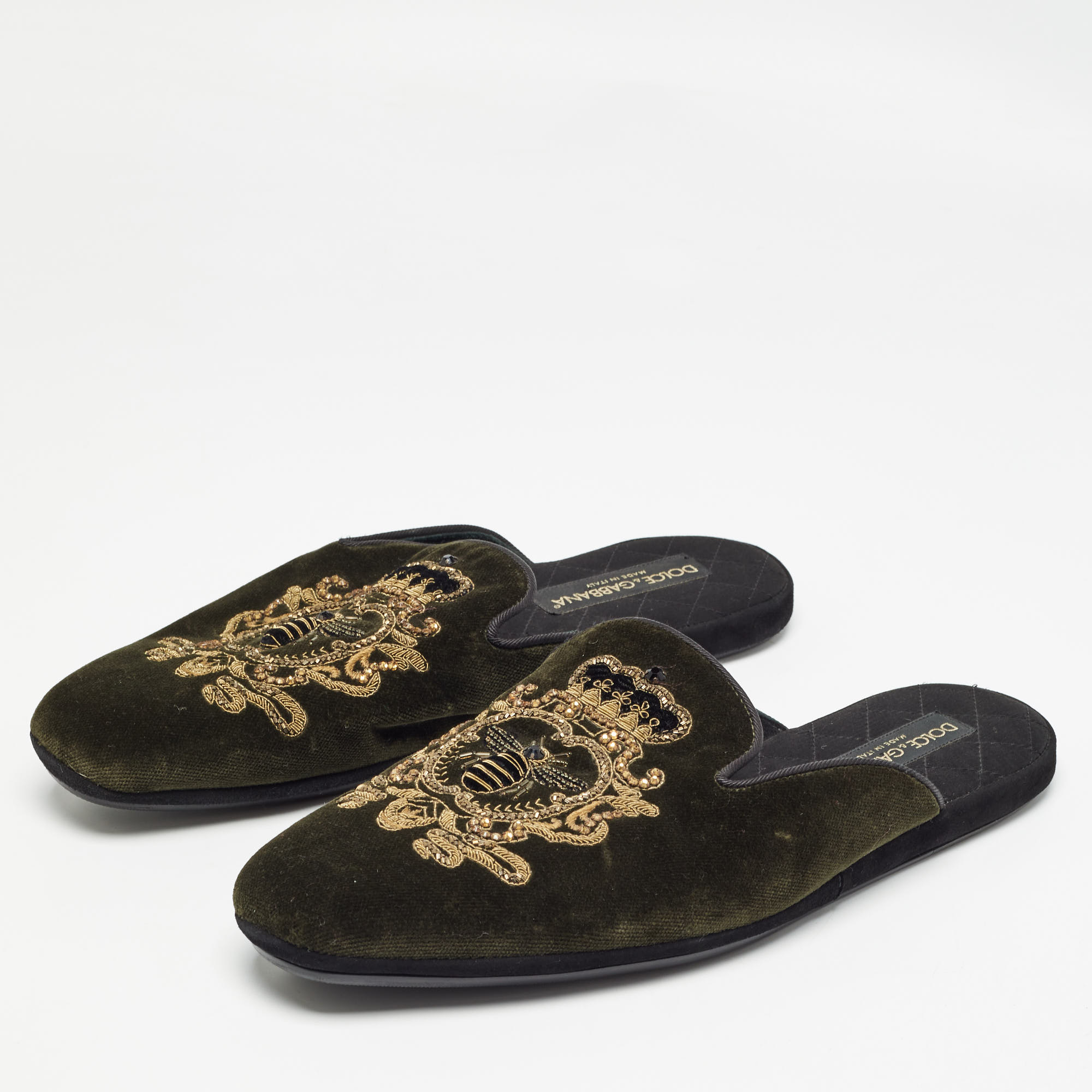 Dolce & Gabbana Green Velvet Embroidered Flat Mules Size 42