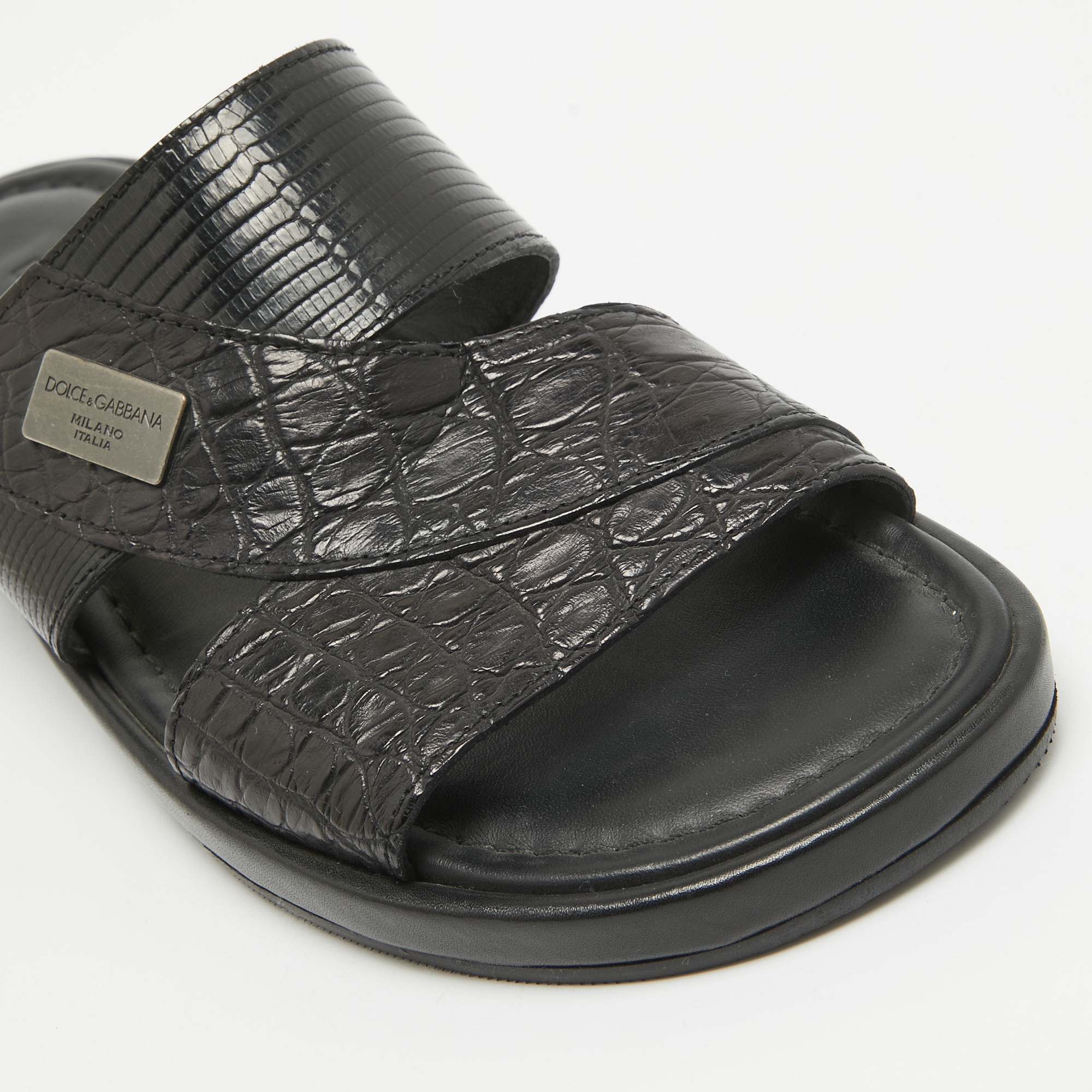 Dolce & Gabbana Black Crocodile And Lizard Leather Crisscross Flat Slide Size 41