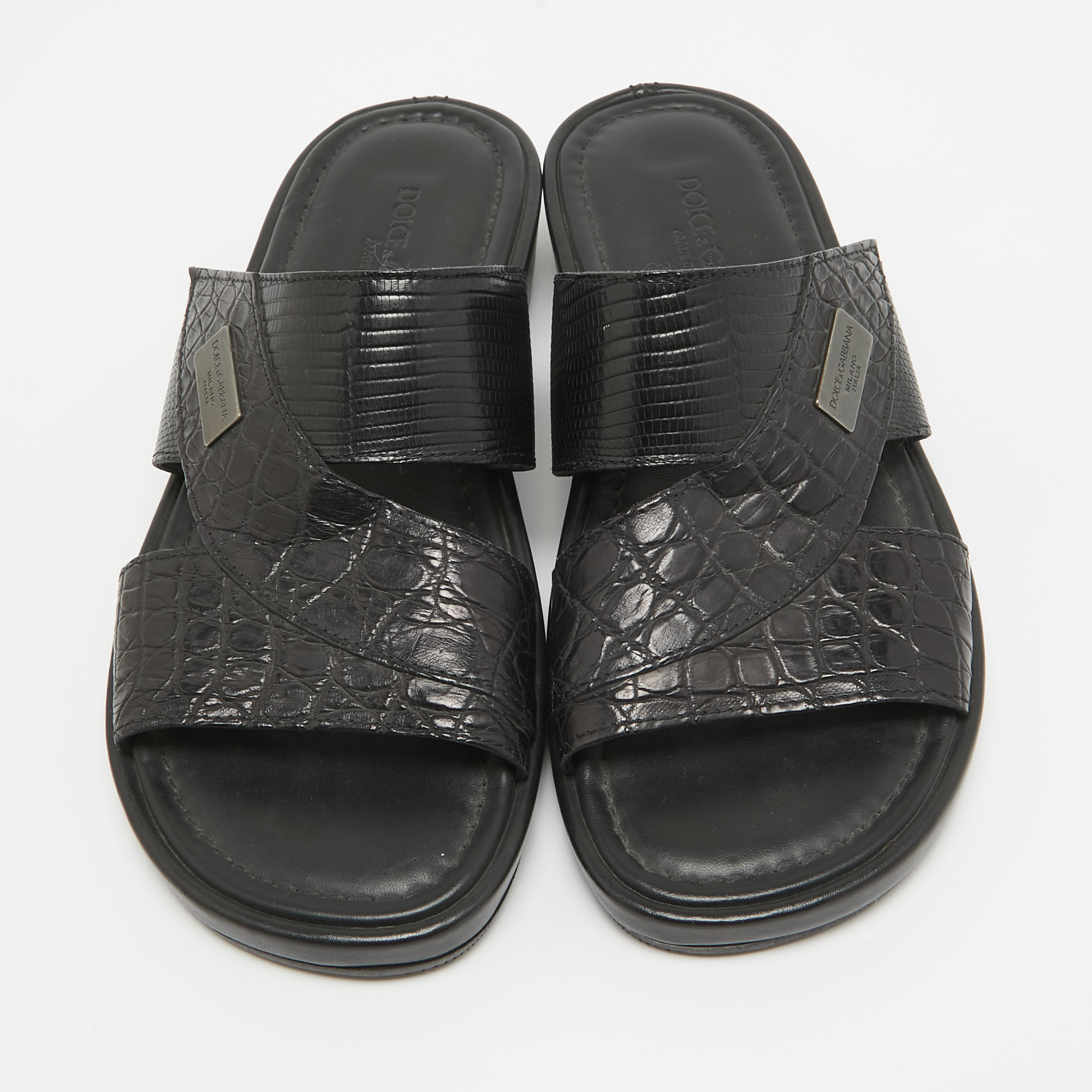 Dolce & Gabbana Black Crocodile And Lizard Leather Crisscross Flat Slide Size 41