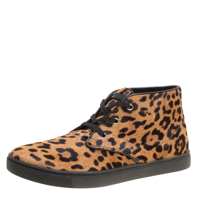 Image of Dolce & Gabbana Brown Leopard Print Calf Hair High Top Sneakers Size .