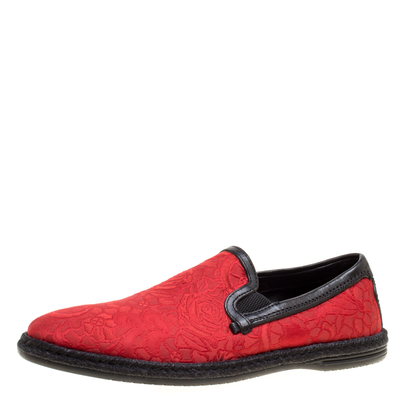 Image of Dolce and Gabbana Red Floral Jacquard Fabric Espadrille Loafers Size