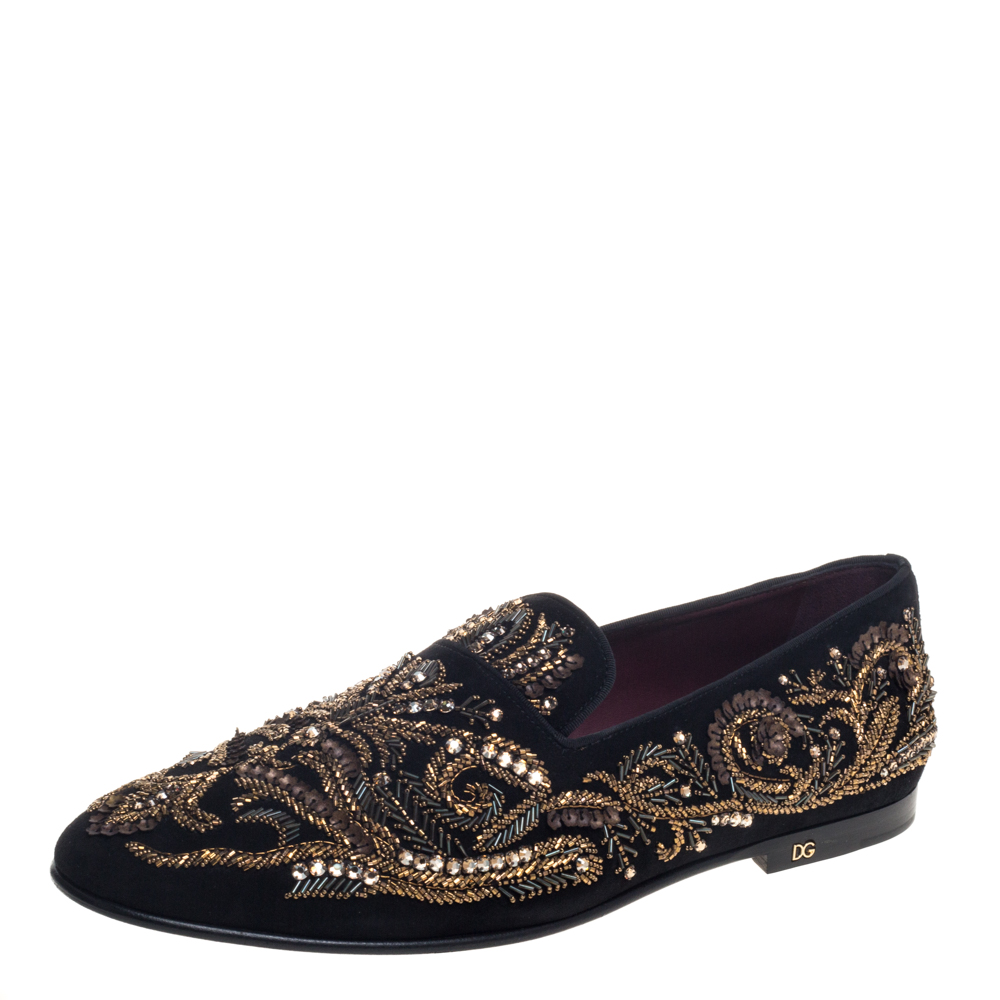 Dolce & Gabbana Black Suede Embellished Smoking Slippers Size 44
