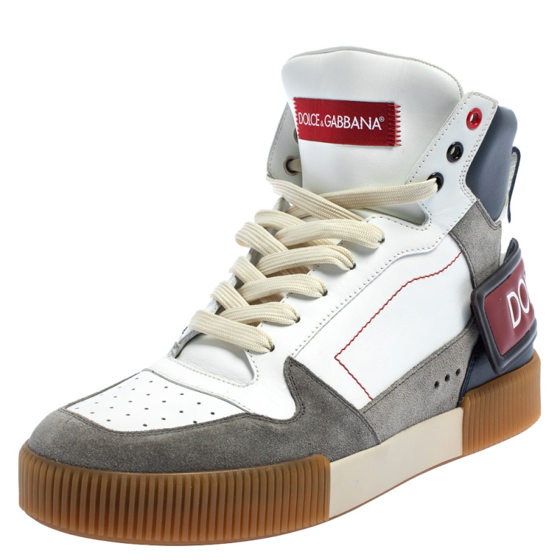 Dolce & Gabbana White/Grey Leather And Suede High Top Sneakers Size 42