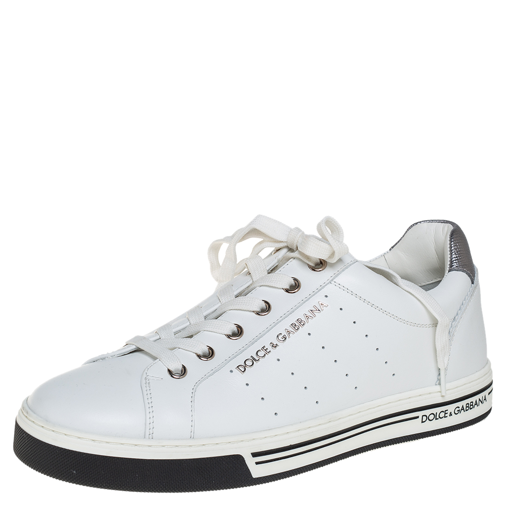 Dolce & Gabbana White Leather Logo Embellished Low Top Sneakers Size 39