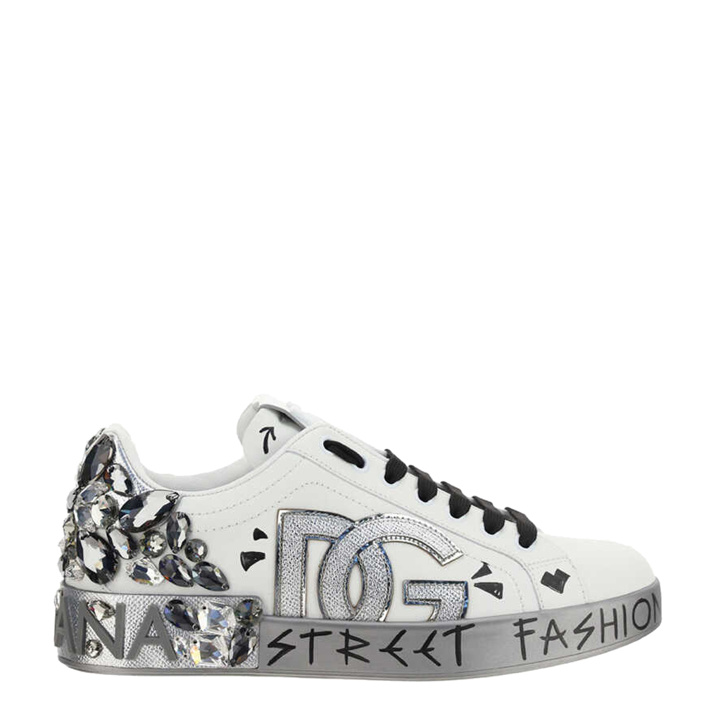 Dolce & Gabbana White Leather DG Embroidery Portofino Sneakers Size IT 41