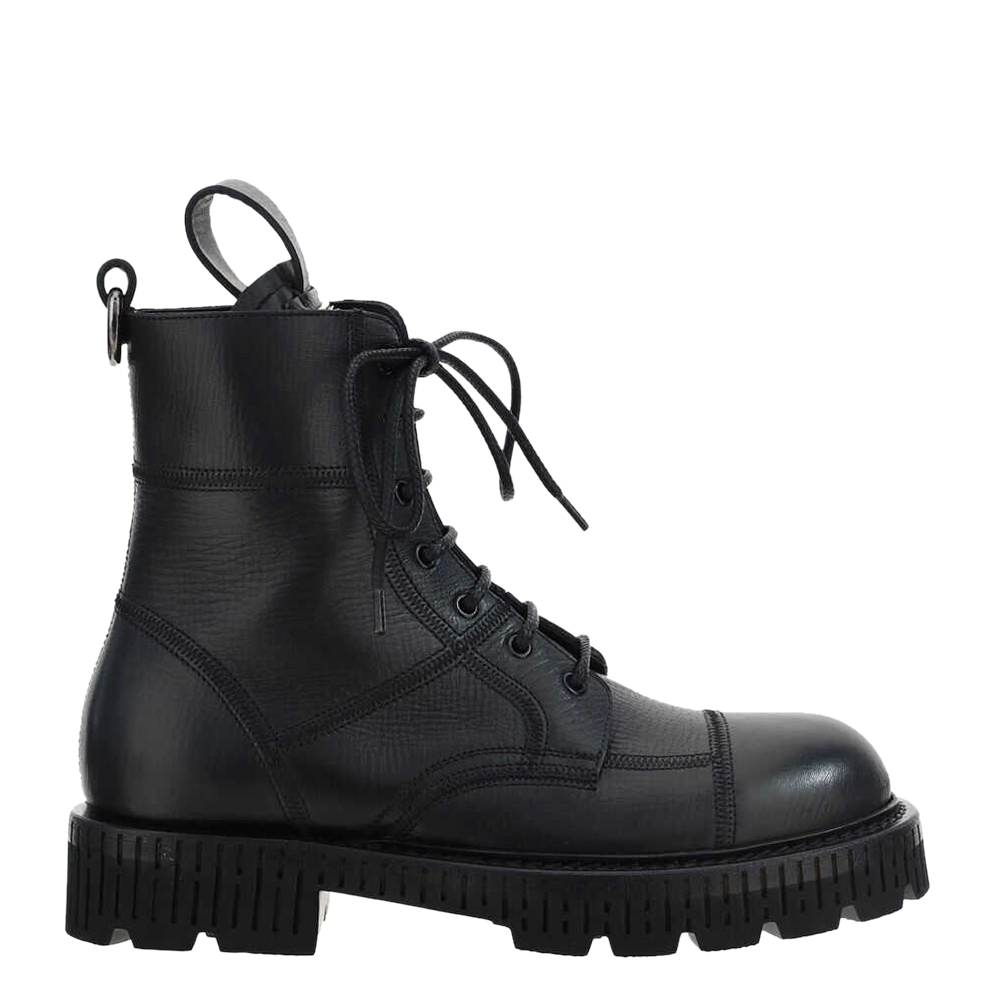 Dolce & Gabbana Black Leather Combat Ankle Boots Size IT 42.5