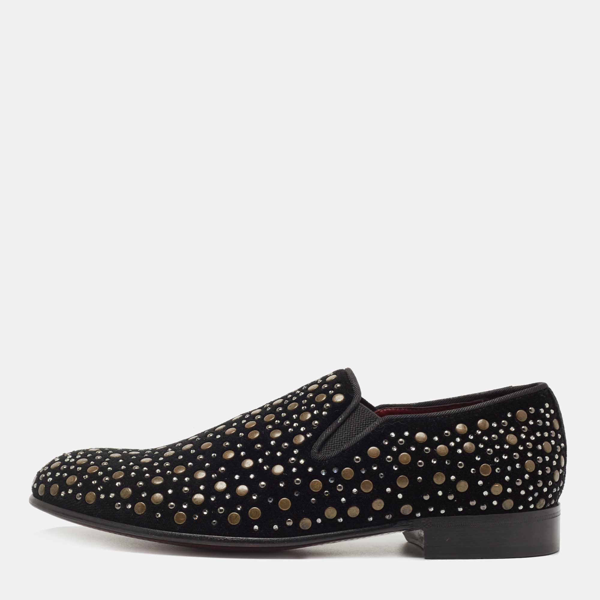 Dolce & Gabbana Black Velvet Crystal Studded Loafers Size 41
