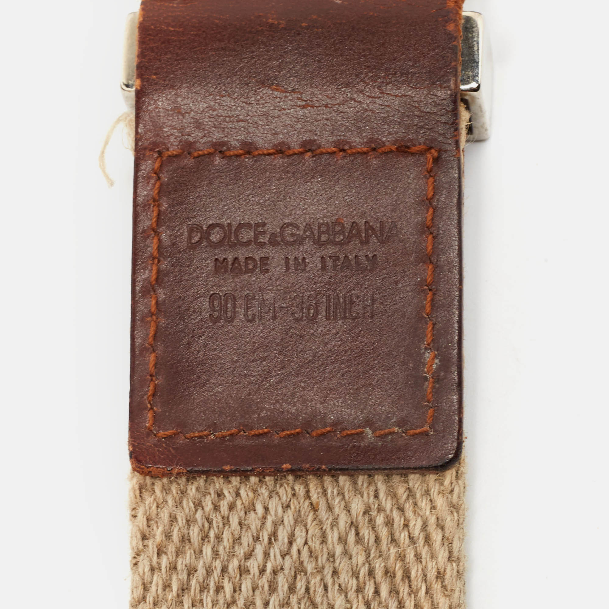 Dolce & Gabbana Beige/Brown Canvas And Leather Logo Plague Buckle Belt 90CM