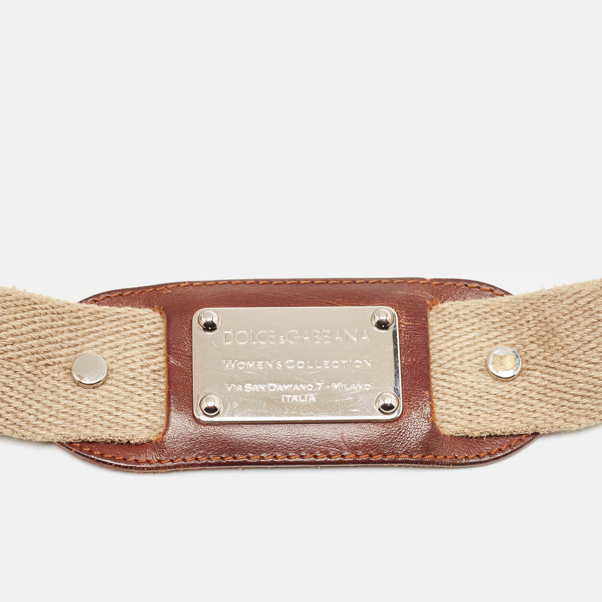 Dolce & Gabbana Beige/Brown Canvas And Leather Logo Plague Buckle Belt 90CM