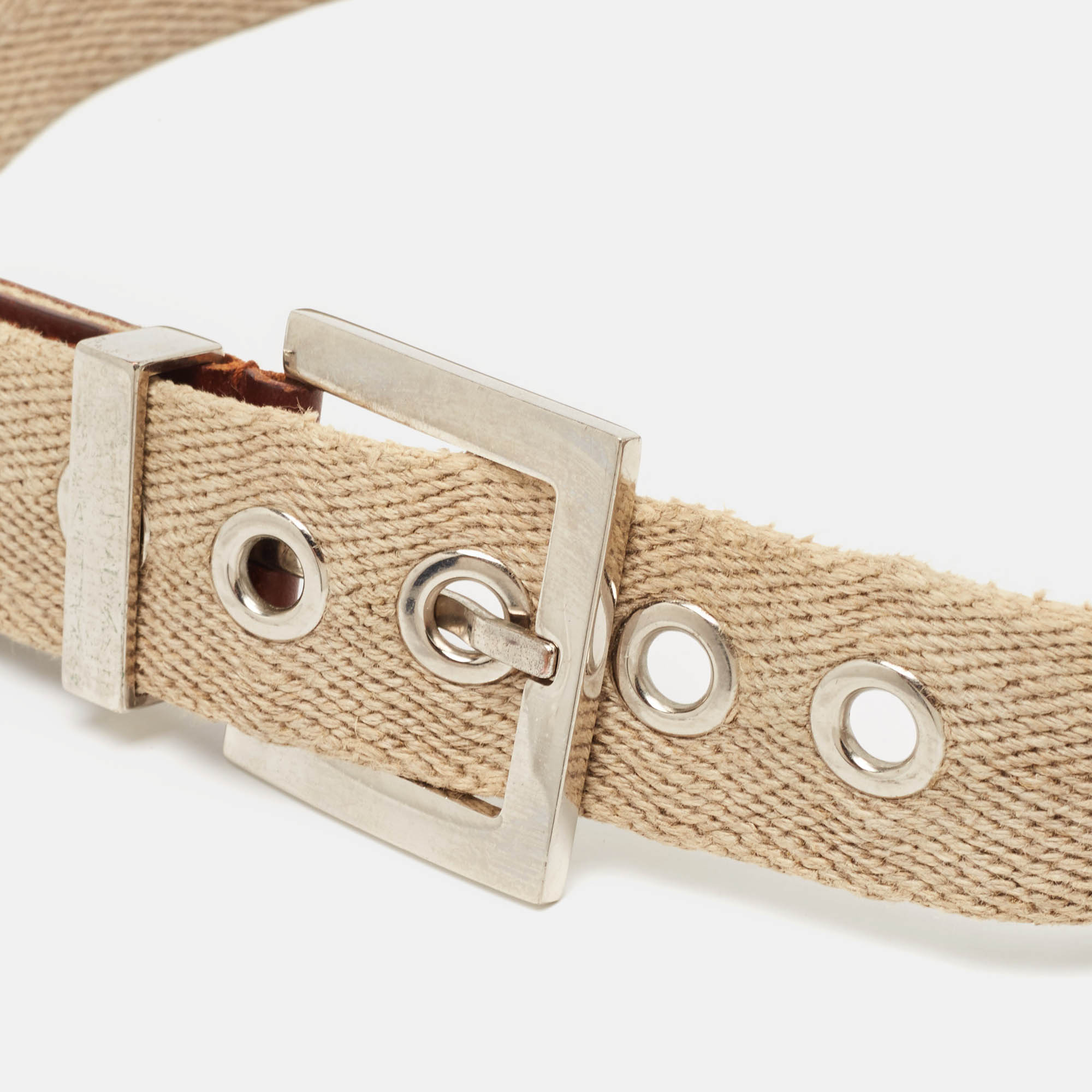 Dolce & Gabbana Beige/Brown Canvas And Leather Logo Plague Buckle Belt 90CM