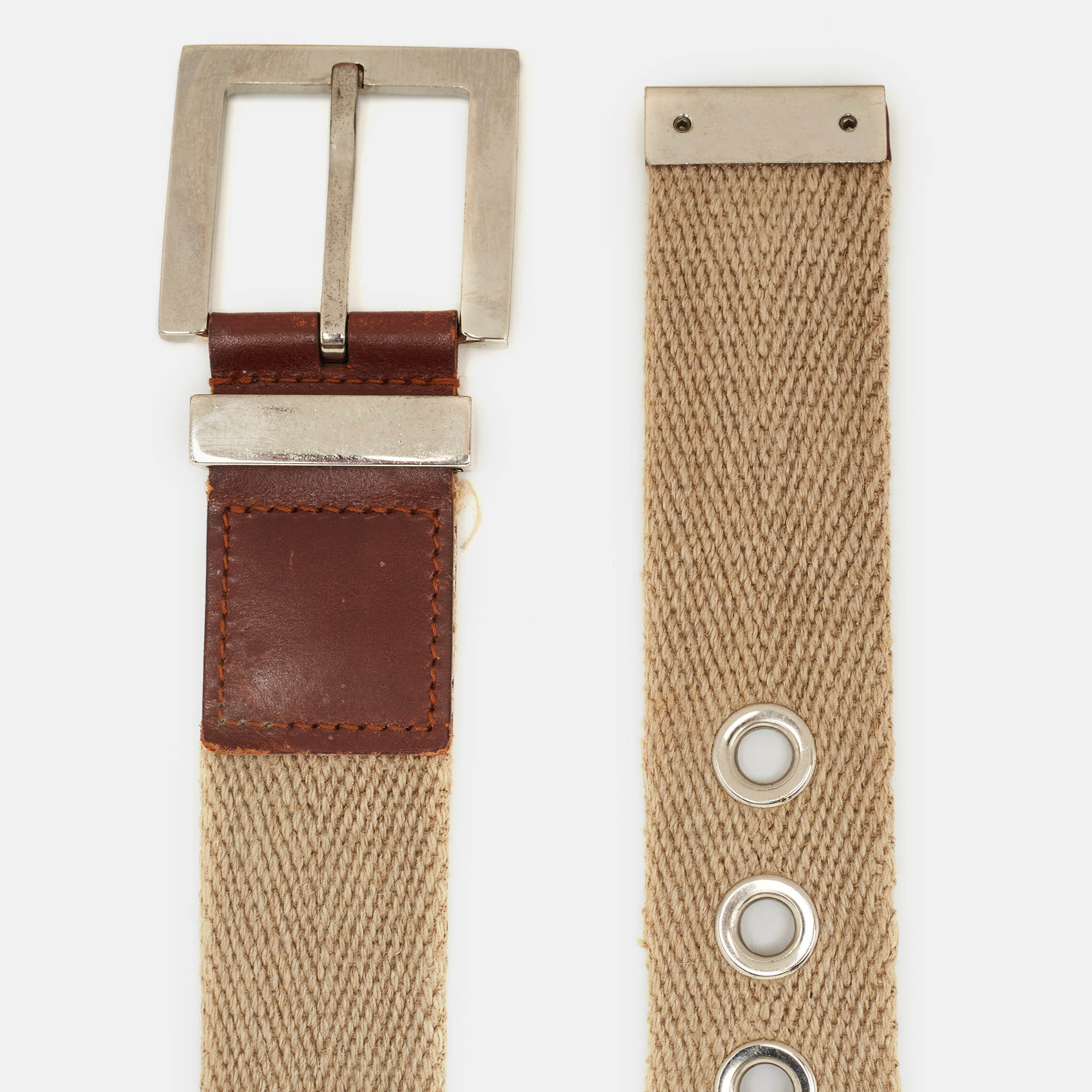 Dolce & Gabbana Beige/Brown Canvas And Leather Logo Plague Buckle Belt 90CM