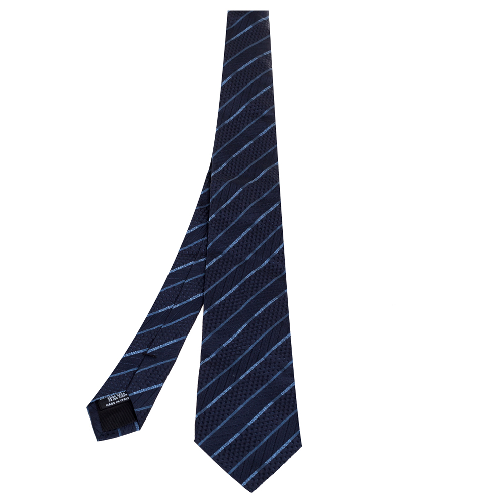 Dolce & Gabbana Navy Blue Logo Striped Silk Tie